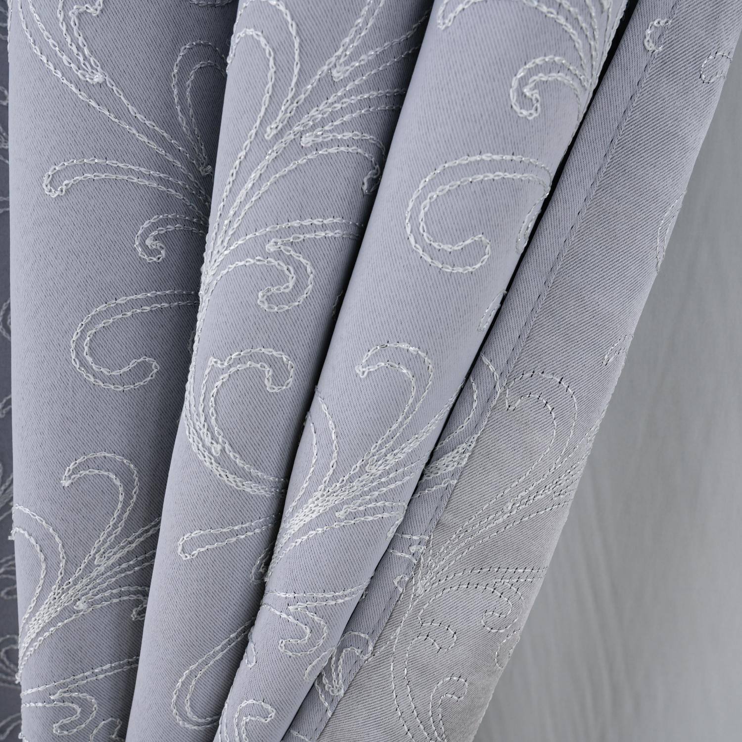 Left. RT Designers Collection - RT Designer Collection Kimber Embroidered Blackout Luxurious Decorative Grommet Curtain Panel 54" x 90" Silver - Silver.