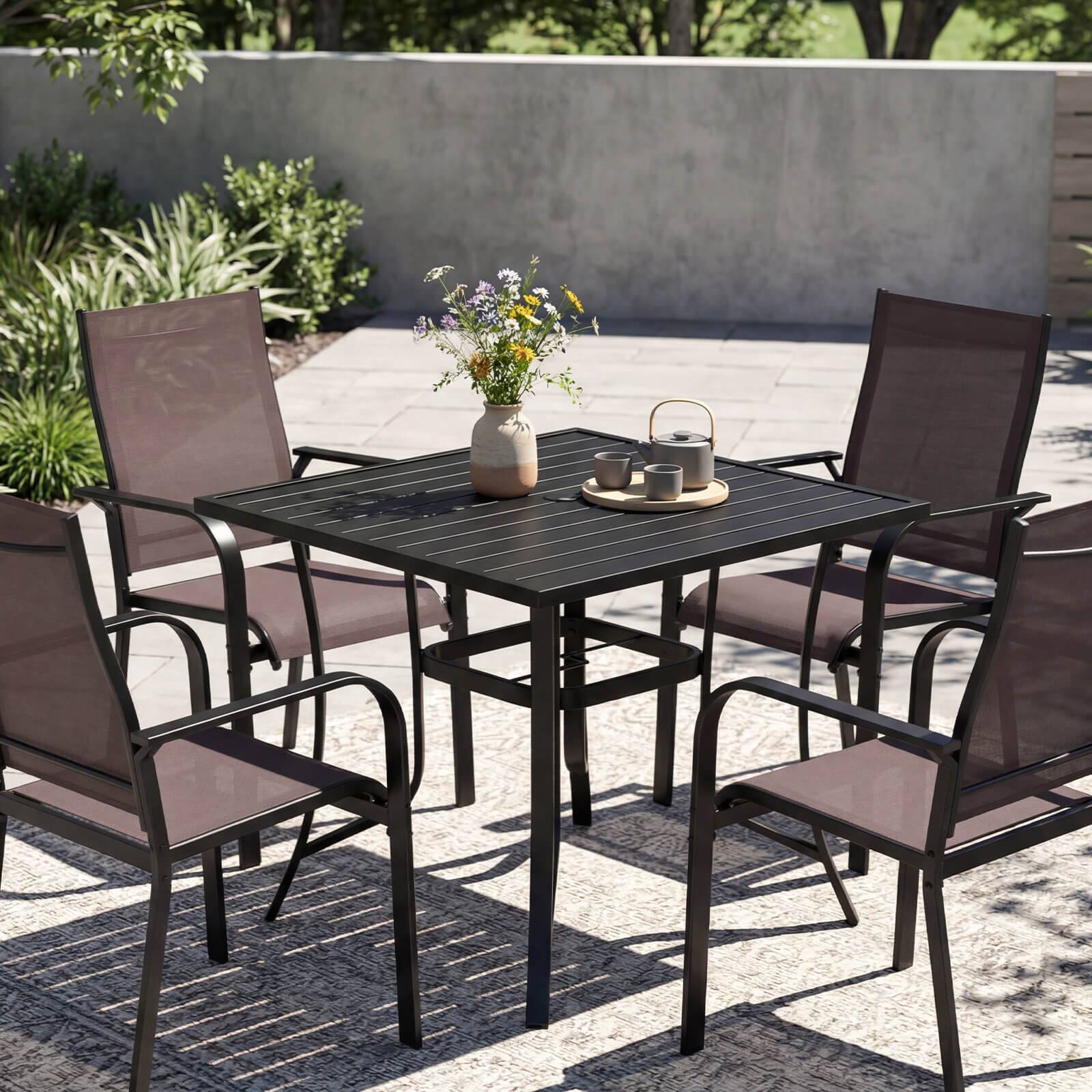 Alt View 4. Costway - Costway Square Patio Table for 4, Outdoor Metal Dining Table with Umbrella Hole for Porch - Black.