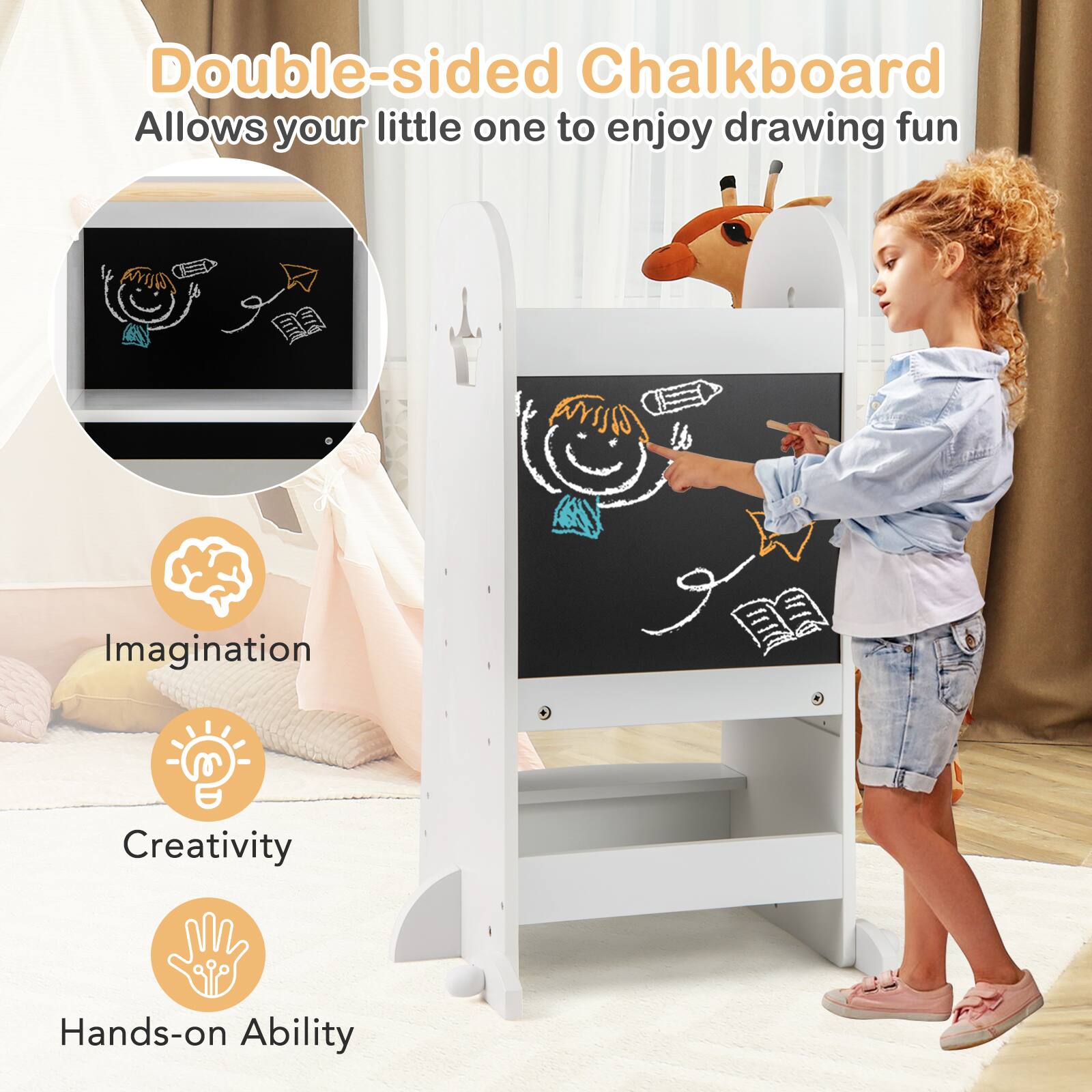 Double-sided Chalkboard  
Allows your little one to enjoy drawing fun  

Imagination  
Creativity  
Hands-on Ability