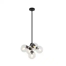 Umeiluce - 5 Lights Modern Industrial Pendant Lights Clear Large Glass Shade - Matte Black