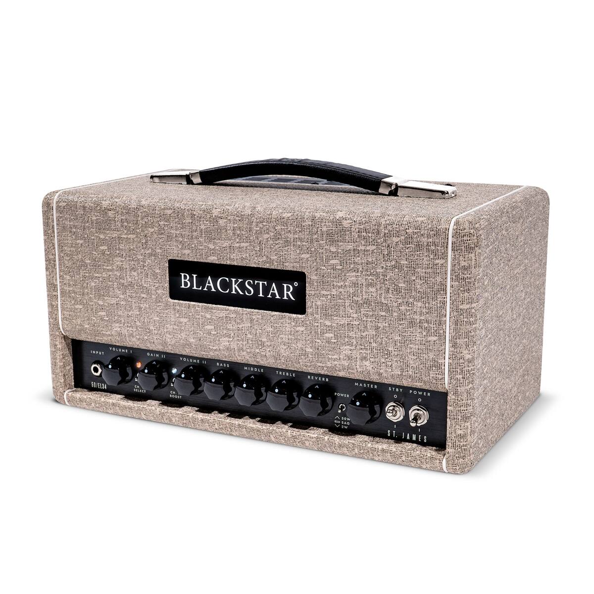 BLACKSTAR  
ST. JAMES

VOLUME I  
GAIN I  
VOLUME II  
BASS  
MIDDLE  
TREBLE  
REVERB  
MASTER  
STAY  
POWER

INPUT  
OUTPUT  
CD SELECT  
COST  
SWL/124