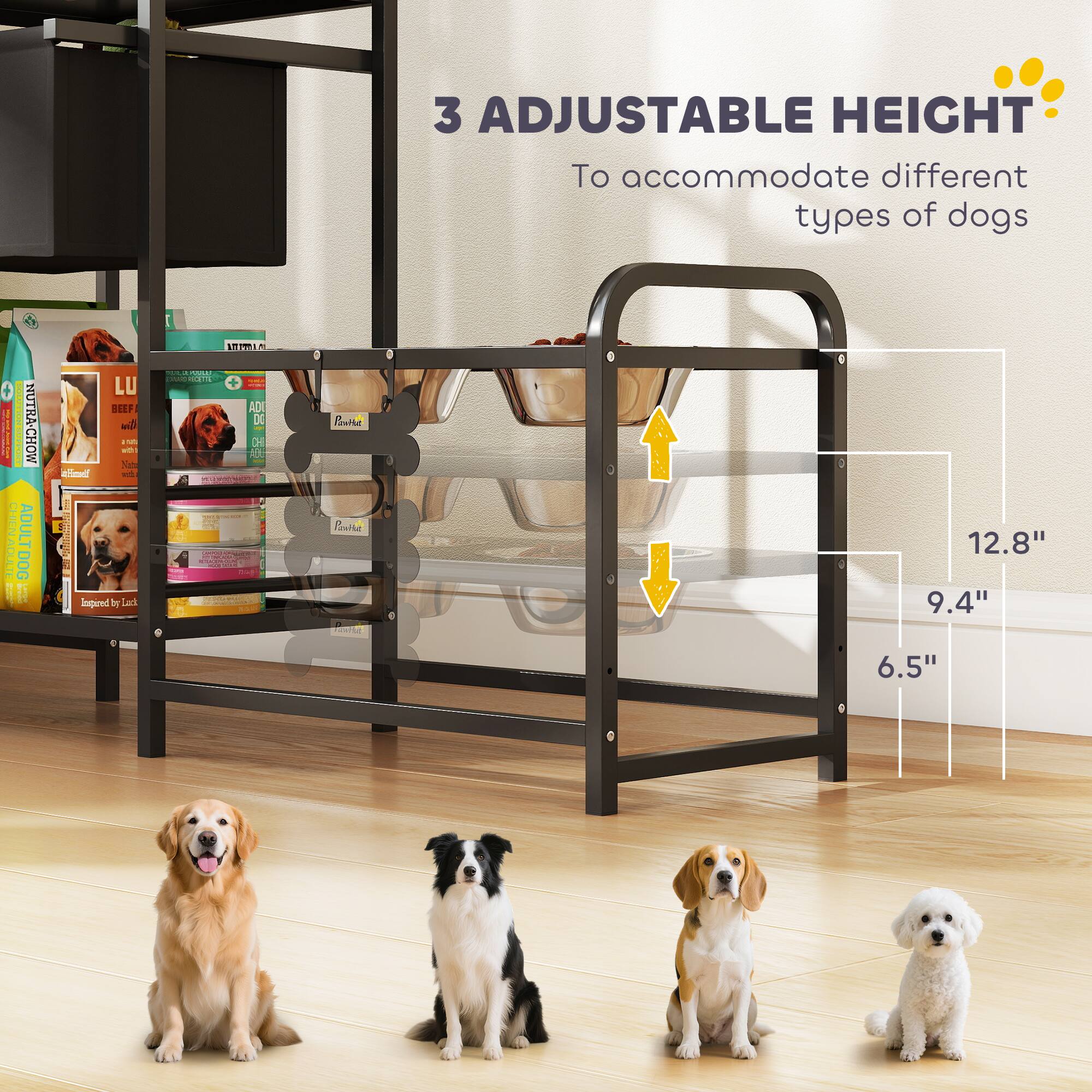 3 Adjustable Height  
To accommodate different types of dogs  

Nutra-Chow Adult Dog Food  
Inspired by Lach  
12.8"  
9.4"  
6.5"