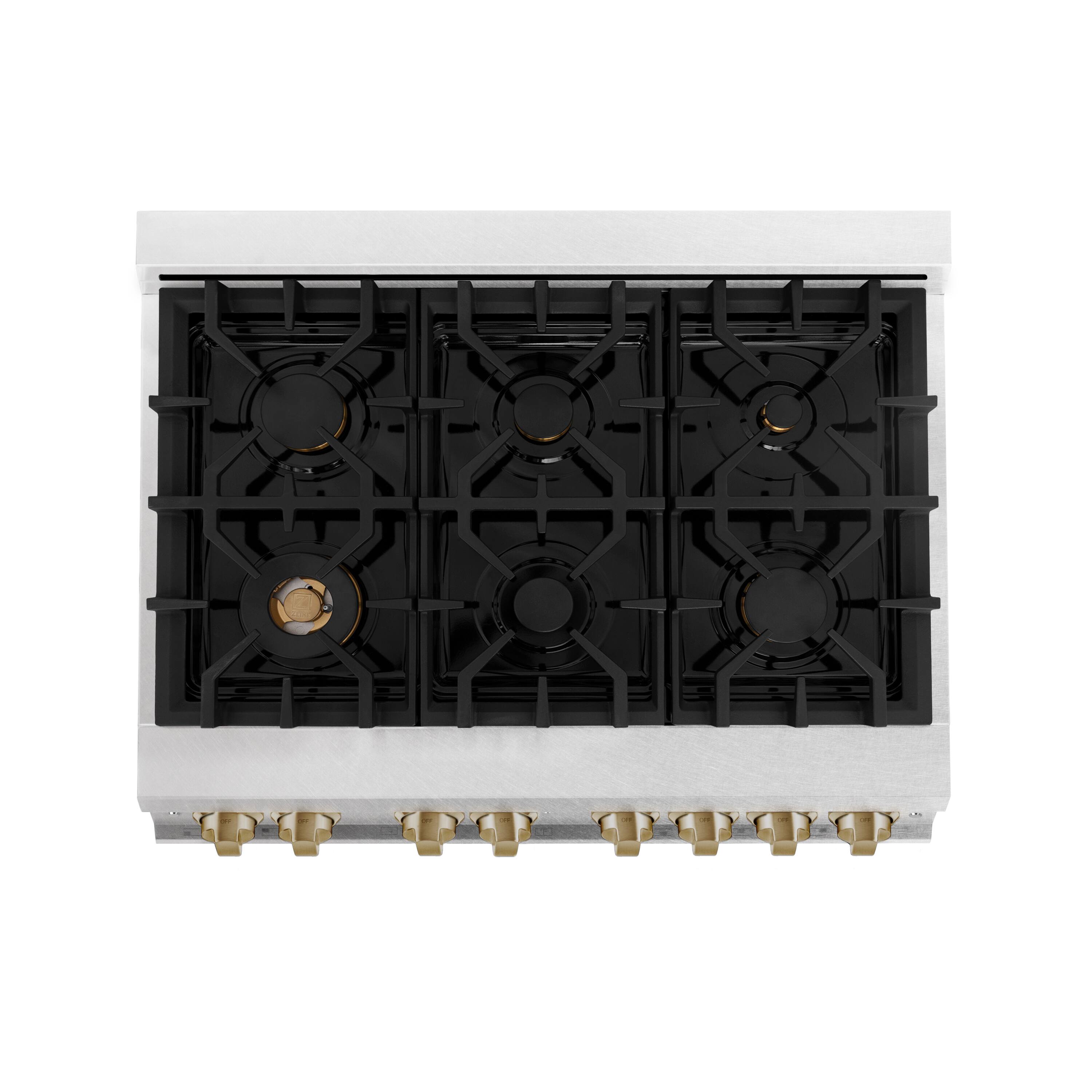 Left. ZLINE - ZLINE Autograph 36 in. Legacy Dual Fuel Range in Satin Steel w/ White & Bronze Accents (RASZ-WM-36-CB) - Stainless steel.