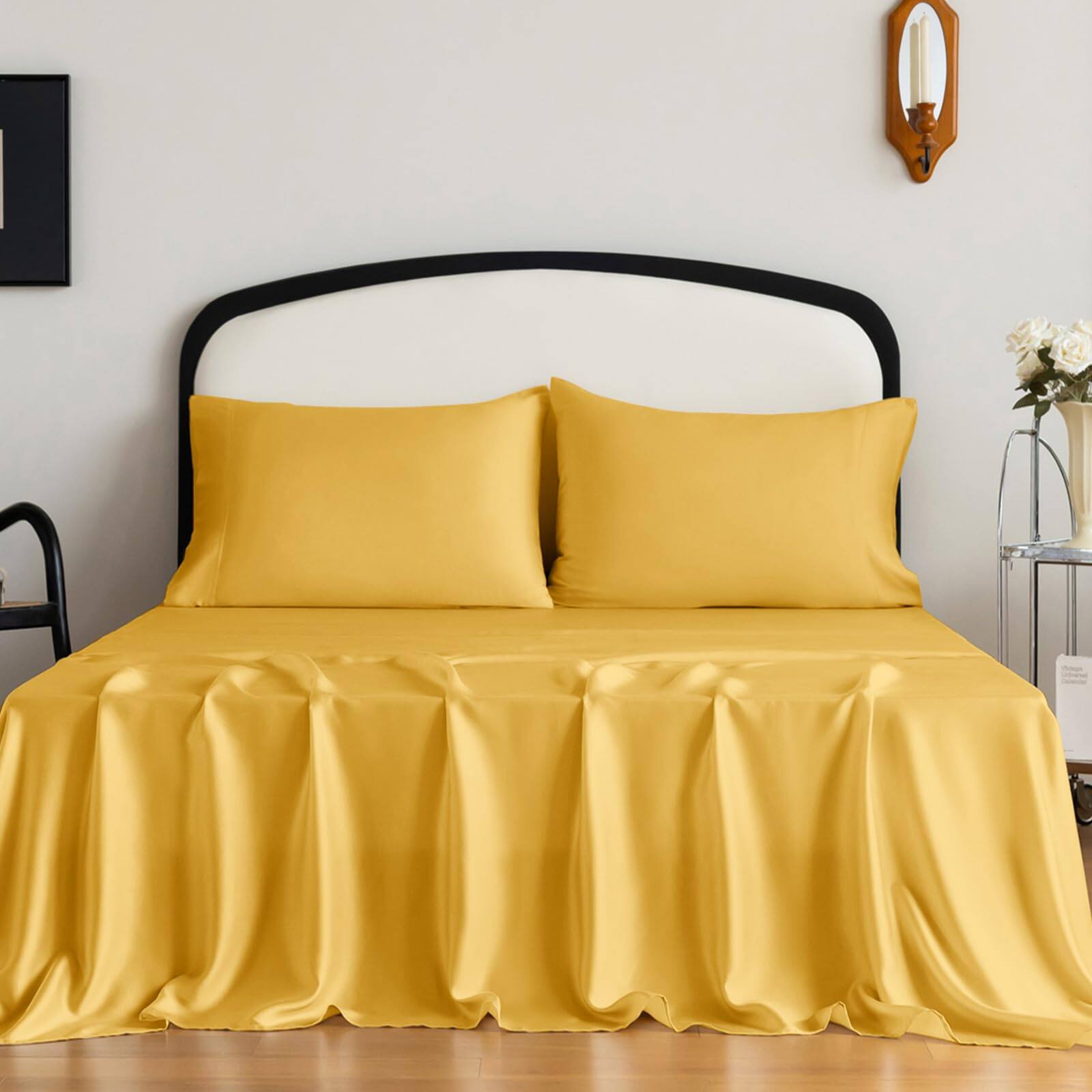 Left. MAGICAL RUBS - Tencel Lyocell 4 Pieces Queen Sheet Set Silky Soft & Wrinkle-free - Oeko-tex Certified Deep Pocket Fits 16" Mattress ... - Beige King.