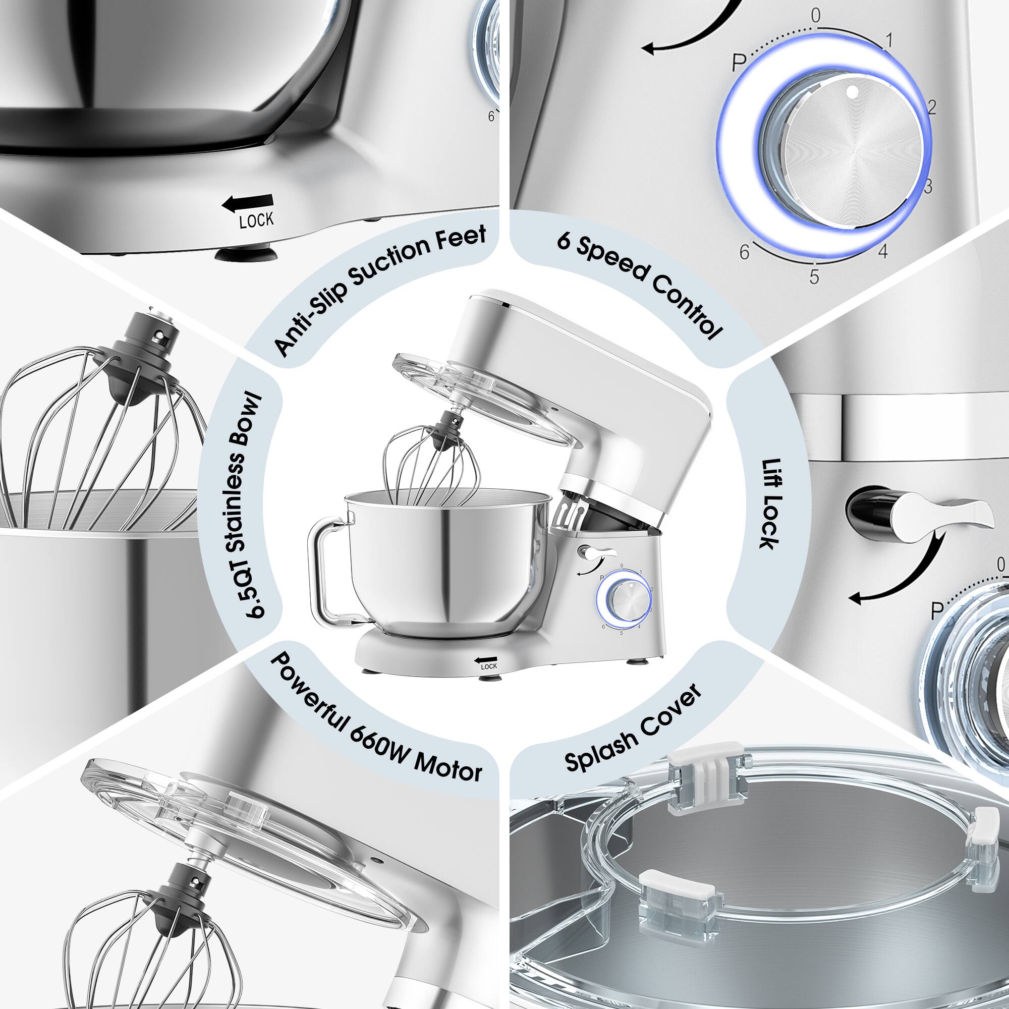 Sugift 6.5 Qt Tilt Head Stand Mixer 6 Speed with Egg Whisk, Dough