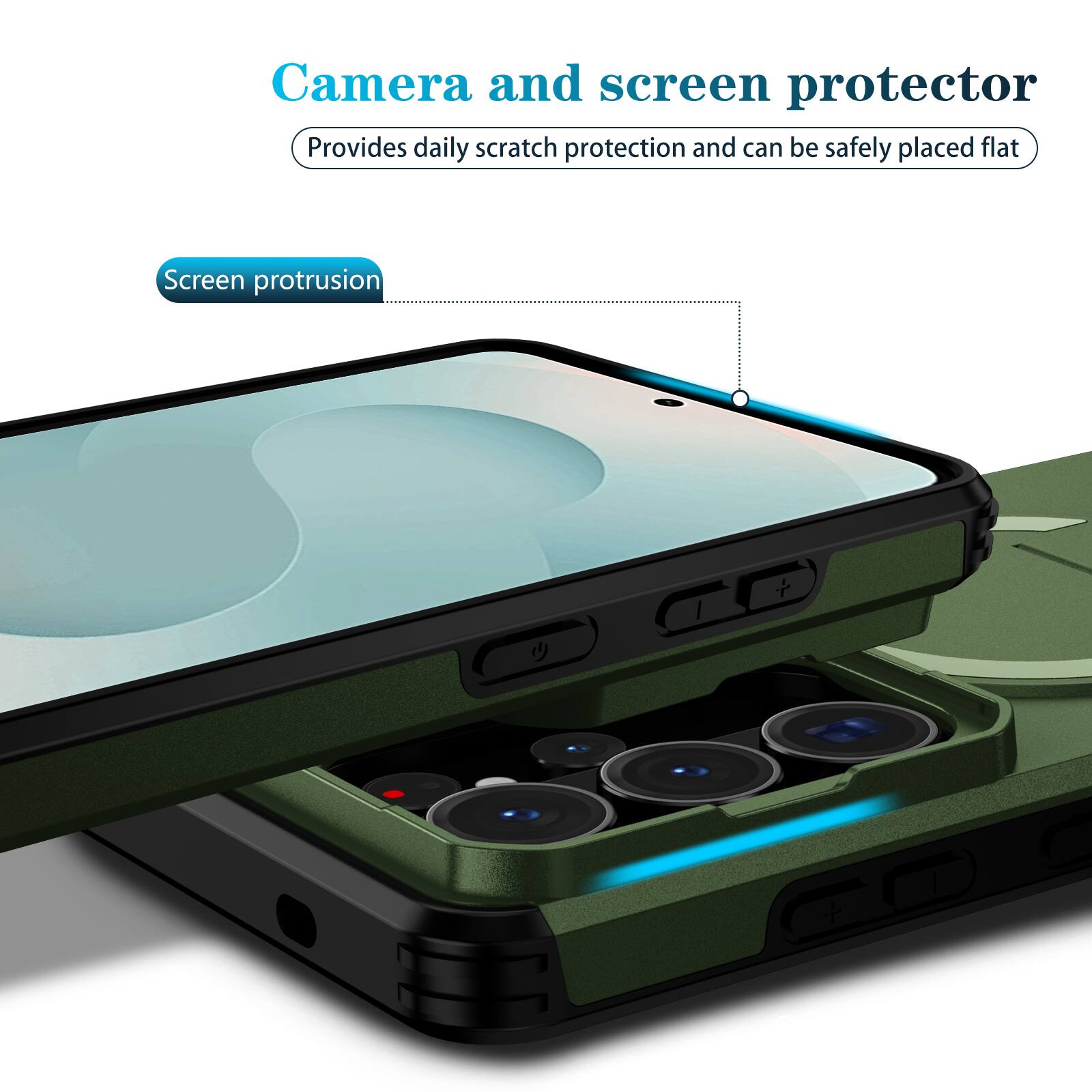 Camera and screen protector  
Provides daily scratch protection and can be safely placed flat  
Screen protrusion
