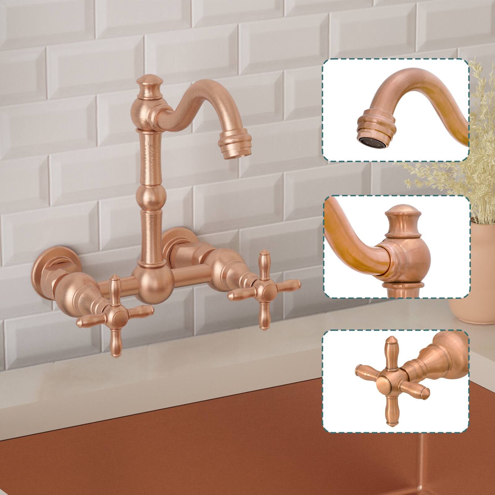 Alt View 2. Akicon - Akicon 6 inch Solid Brass Wall Mount Bathroom Faucet with 2 Cross Handles in Copper - Copper.