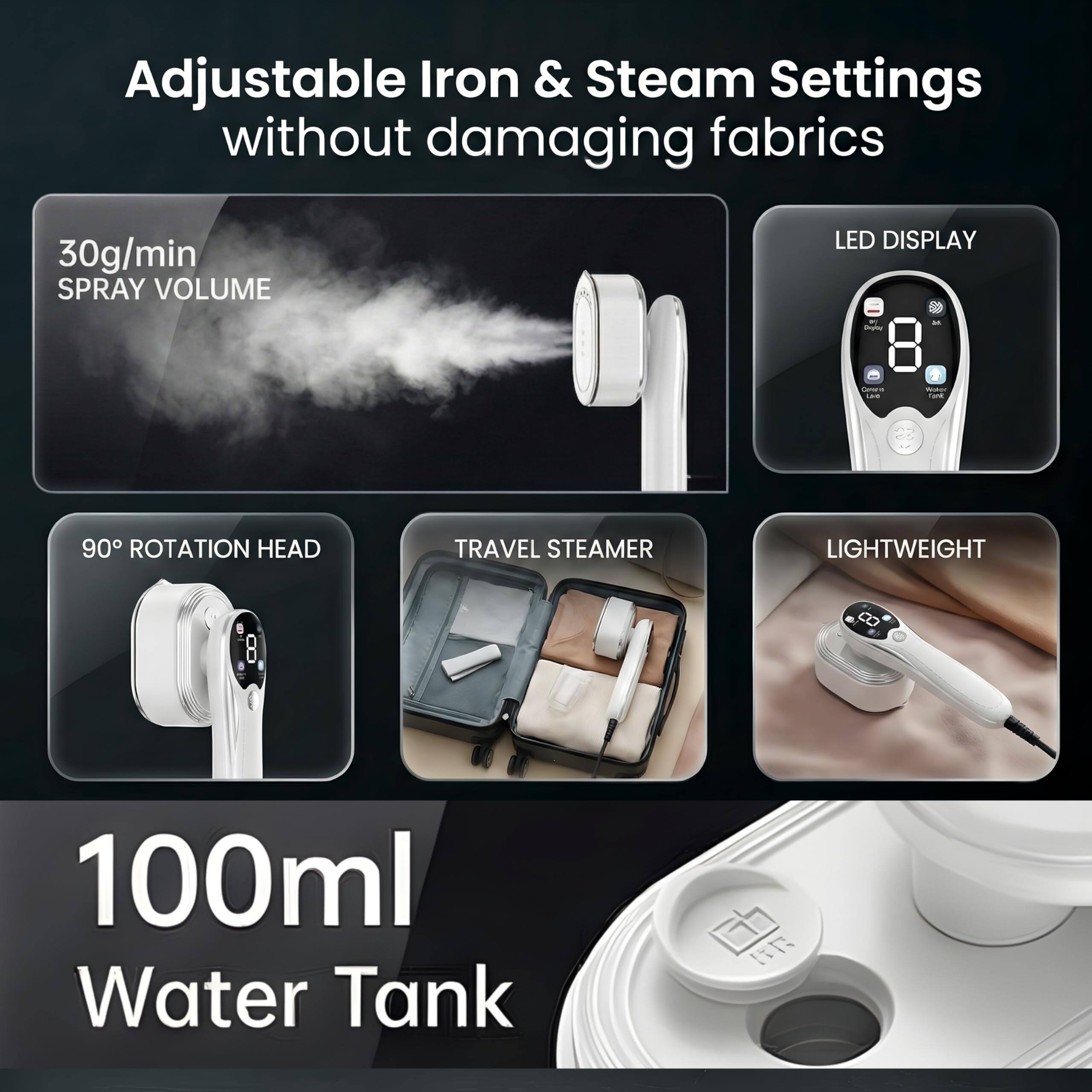 Adjustable Iron & Steam Settings without damaging fabrics

- 30g/min SPRAY VOLUME
- LED DISPLAY
- 90° ROTATION HEAD
- TRAVEL STEAMER
- LIGHTWEIGHT
- 100ml Water Tank