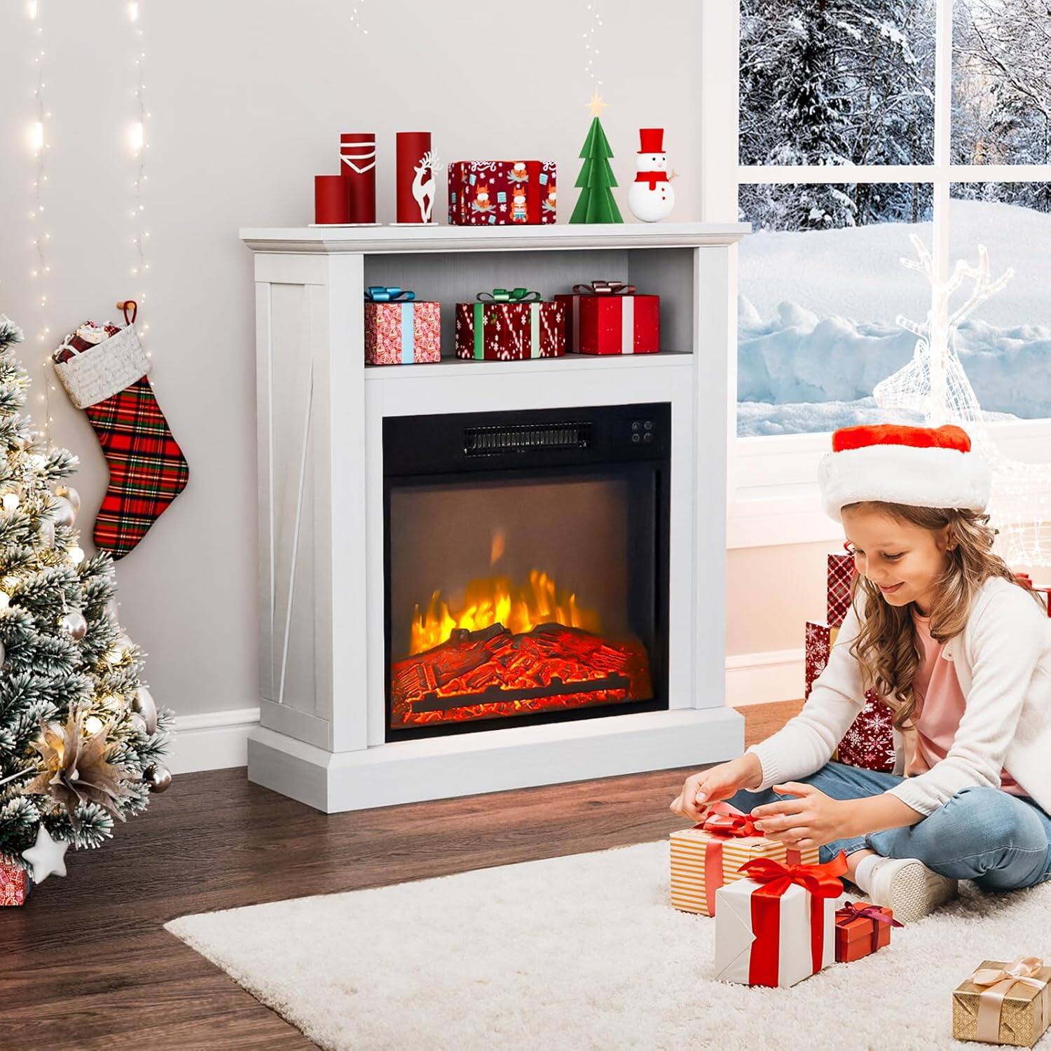 Front. Winado - 32" Electric Fireplace with Mantel, Freestanding Wooden Surround Firebox with 1400W Fireplace Heater, 3D Flame Effect - White and Black.