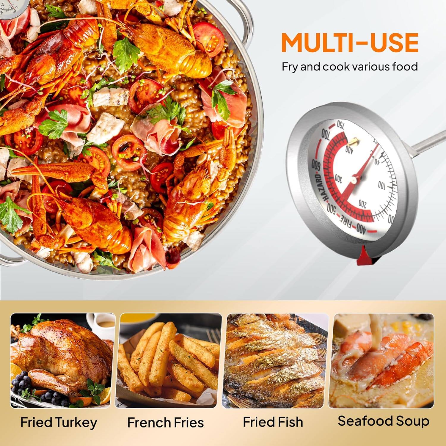 MULTI-USE  
Fry and cook various food

Fried Turkey  
French Fries  
Fried Fish  
Seafood Soup