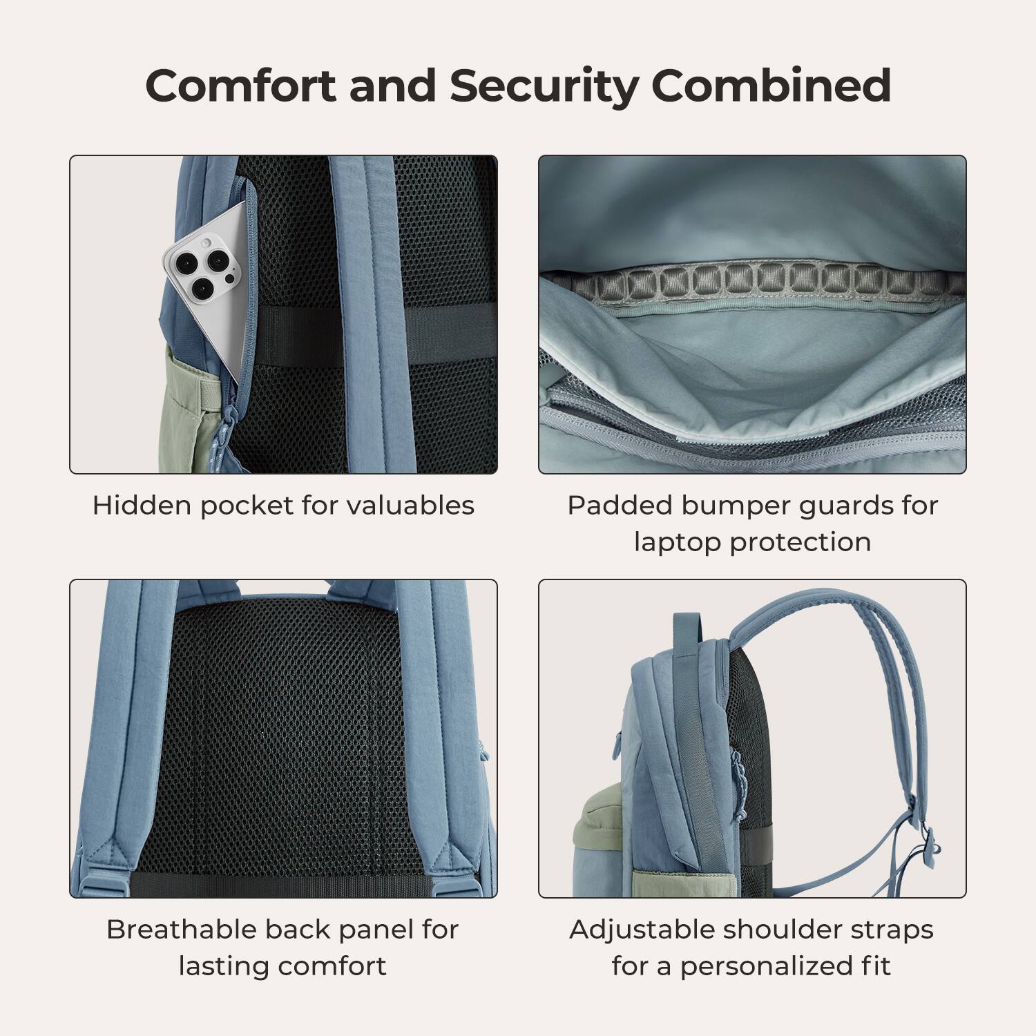 Comfort and Security Combined

- Hidden pocket for valuables
- Padded bumper guards for laptop protection
- Breathable back panel for lasting comfort
- Adjustable shoulder straps for a personalized fit