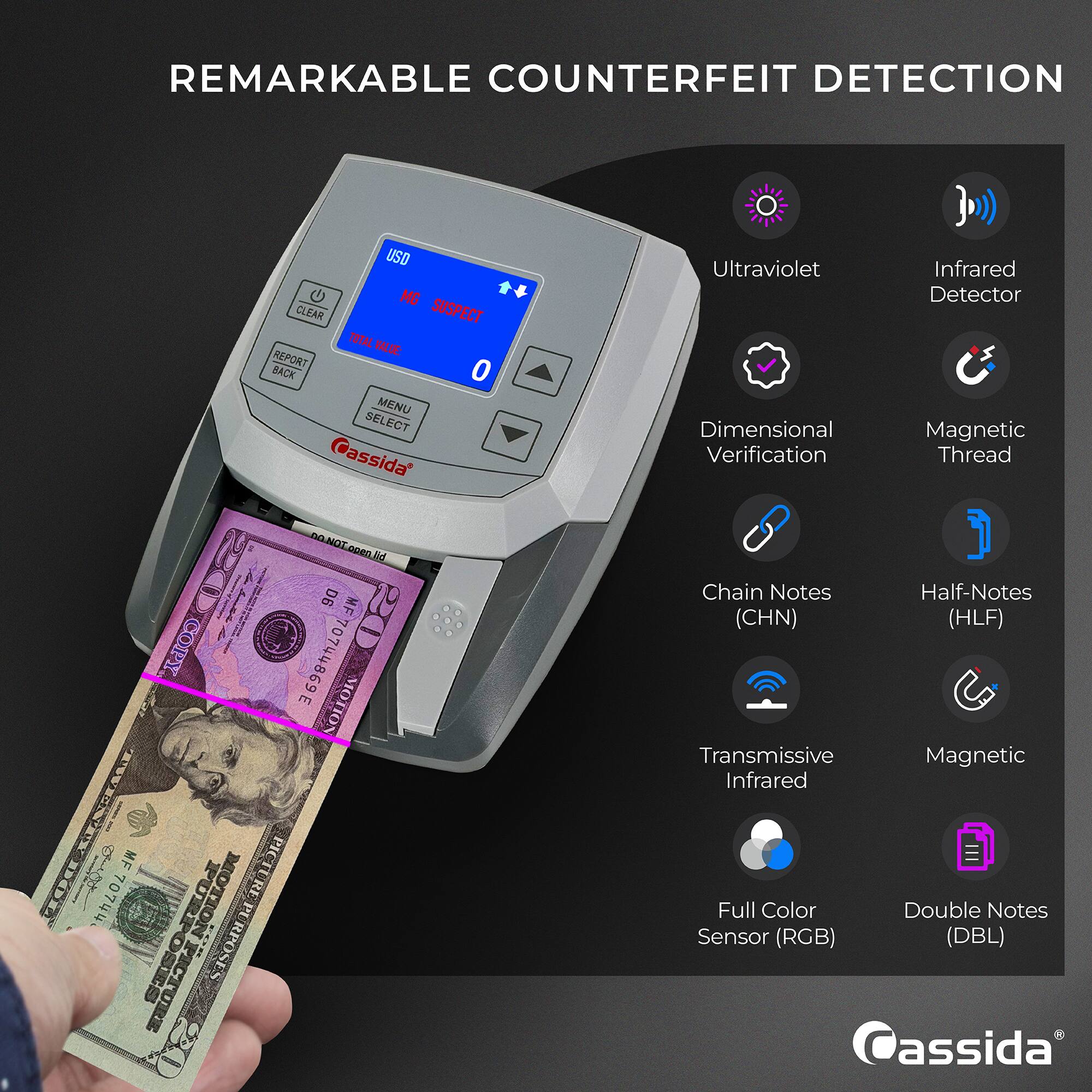 REMARKABLE COUNTERFEIT DETECTION

USD MG CLEAR SUSPECT TOTAL VALUE: REPORT 0 BACK MENU SELECT Cassida

DONOT open Vid D6 MF COPY Funtro 70744869E MOTION TWENTY DOM - MF70744 MF MOTION PICTU RPOSES PICTURE PURPOSES PICTURE

Ultraviolet Infrared Detector Dimensional Magnetic Verification Thread Chain Notes Half-Notes (CHN) (HLF) Transmissive Magnetic Infrared Full Color Double Notes Sensor (RGB) (DBL) Cassida