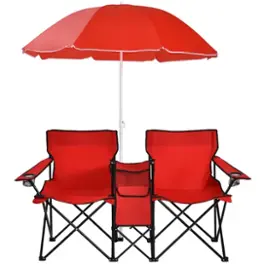 Costway - Portable Folding Picnic Double Chair W/Umbrella Table Cooler Beach Camping - Red