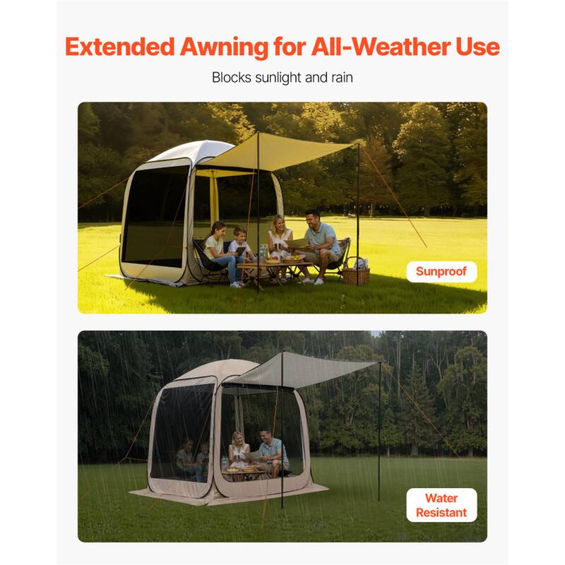 Extended Awning for All-Weather Use  
Blocks sunlight and rain  

Sunproof  
Water Resistant