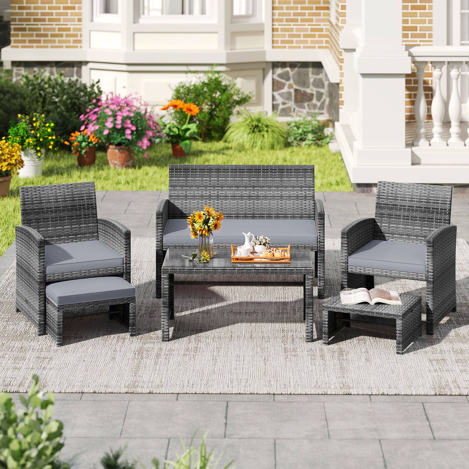 Alt View 1. Costway - Costway 6PCS Patio Furniture Set Outdoor Sectional Conversation PE Rattan Sofa Set - Mix Brown,Gray.