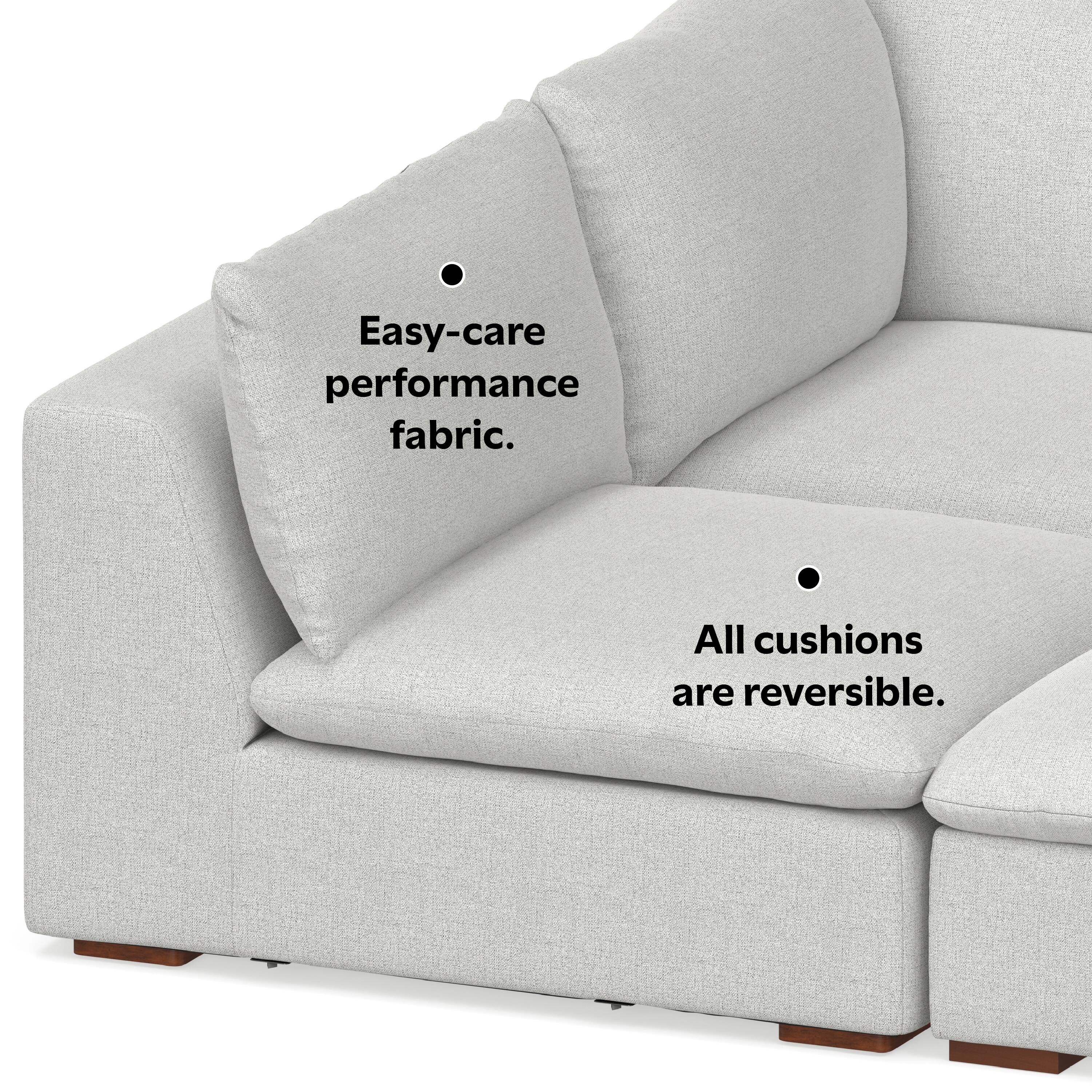 Easy-care performance fabric.  
All cushions are reversible.