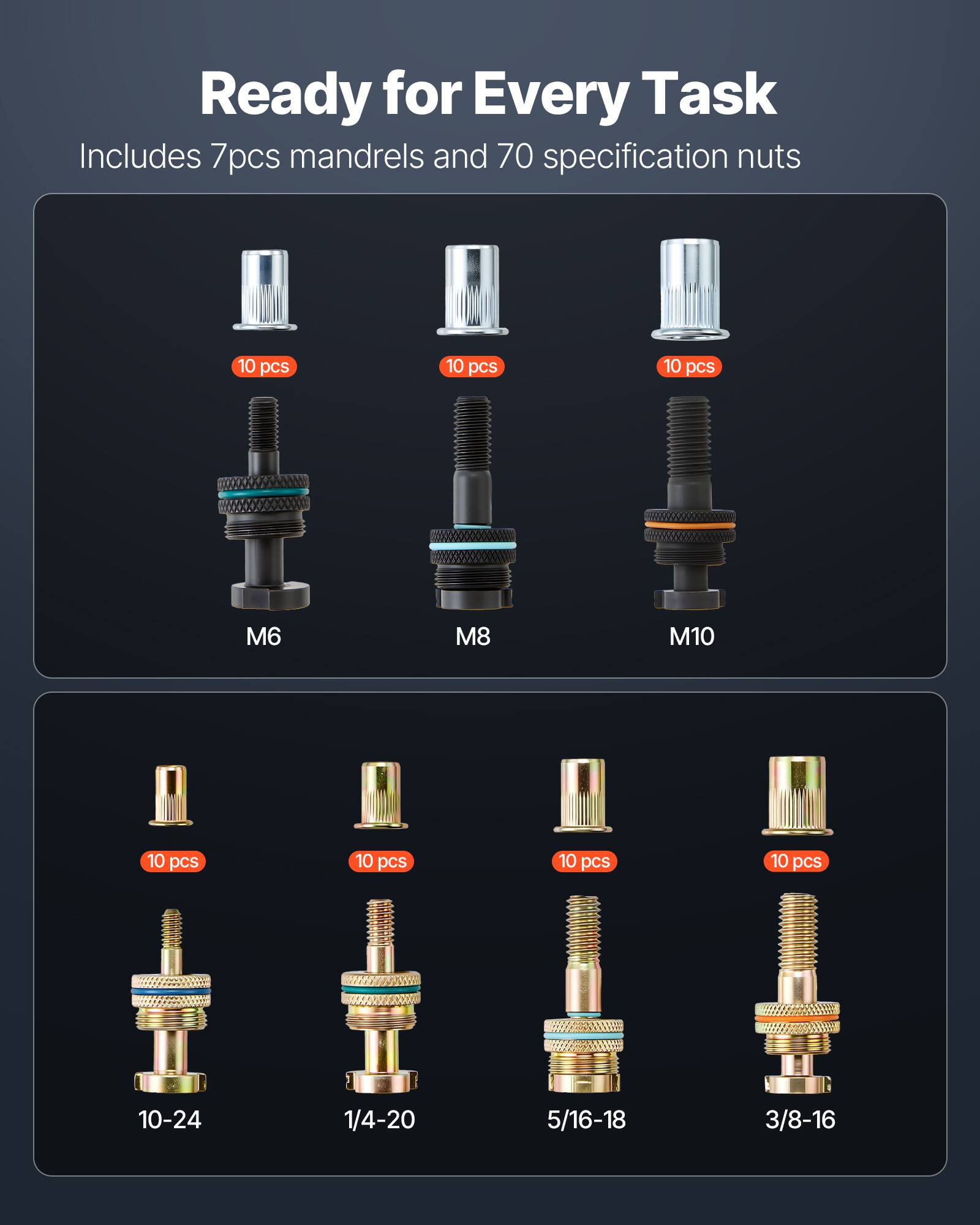 Ready for Every Task  
Includes 7pcs mandrels and 70 specification nuts  

- 10 pcs M6  
- 10 pcs M8  
- 10 pcs M10  
- 10 pcs 10-24  
- 10 pcs 1/4-20  
- 10 pcs 5/16-18  
- 10 pcs 3/8-16