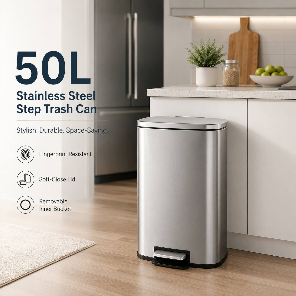 50L Stainless Steel Step Trash Can

Stylish. Durable. Space-Saving.

- Fingerprint Resistant
- Soft-Close Lid
- Removable Inner Bucket