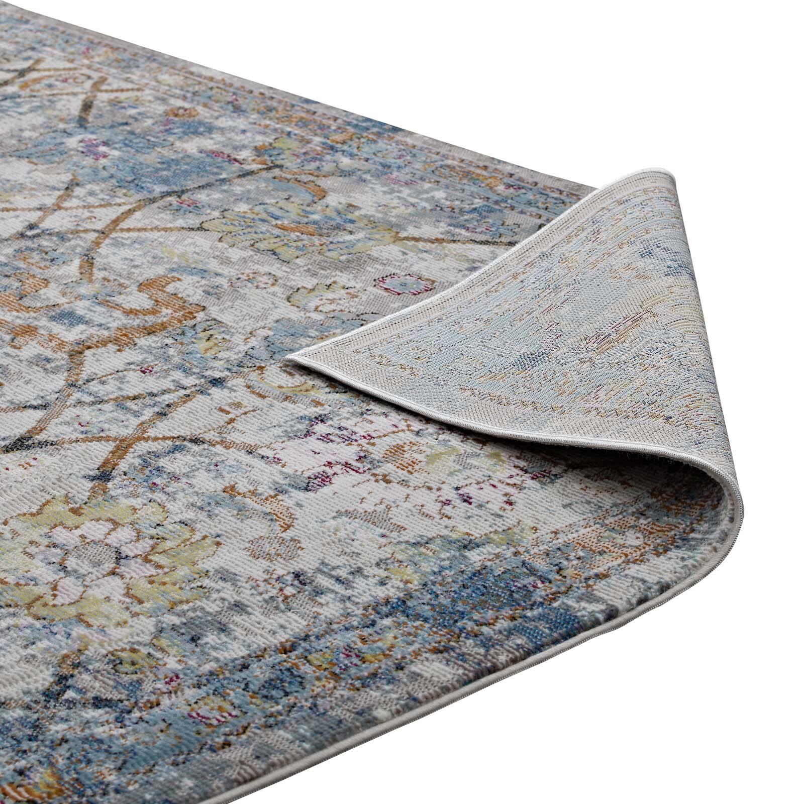 Alt View 3. Modway - Minu Distressed Floral Lattice Area Rug - Light Blue Yellow and Orange.