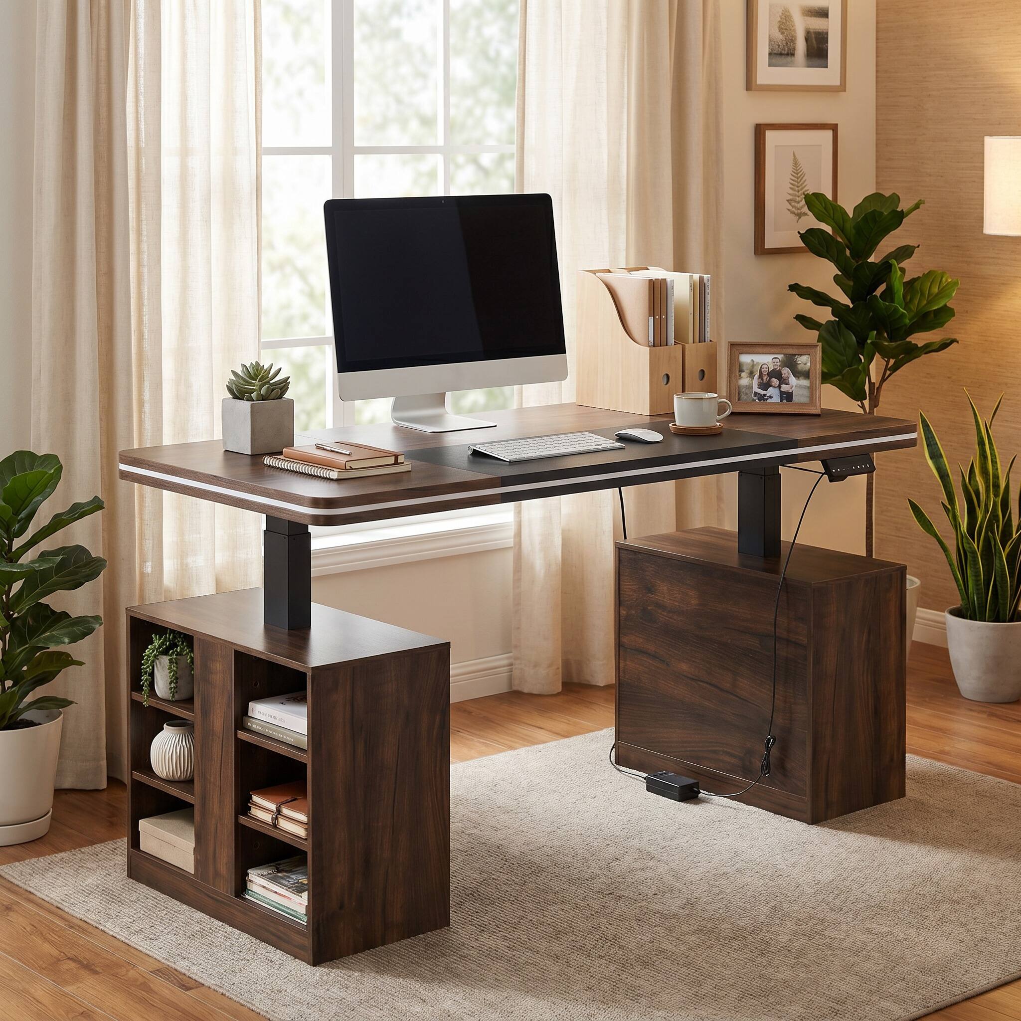 Left. Famapy - Electric Height Adjustable Desk with RGB Light & Dual Storage –Swappable Cabinets,2AC+3USB Outlet,Sit Stand Workstation - Walnut.