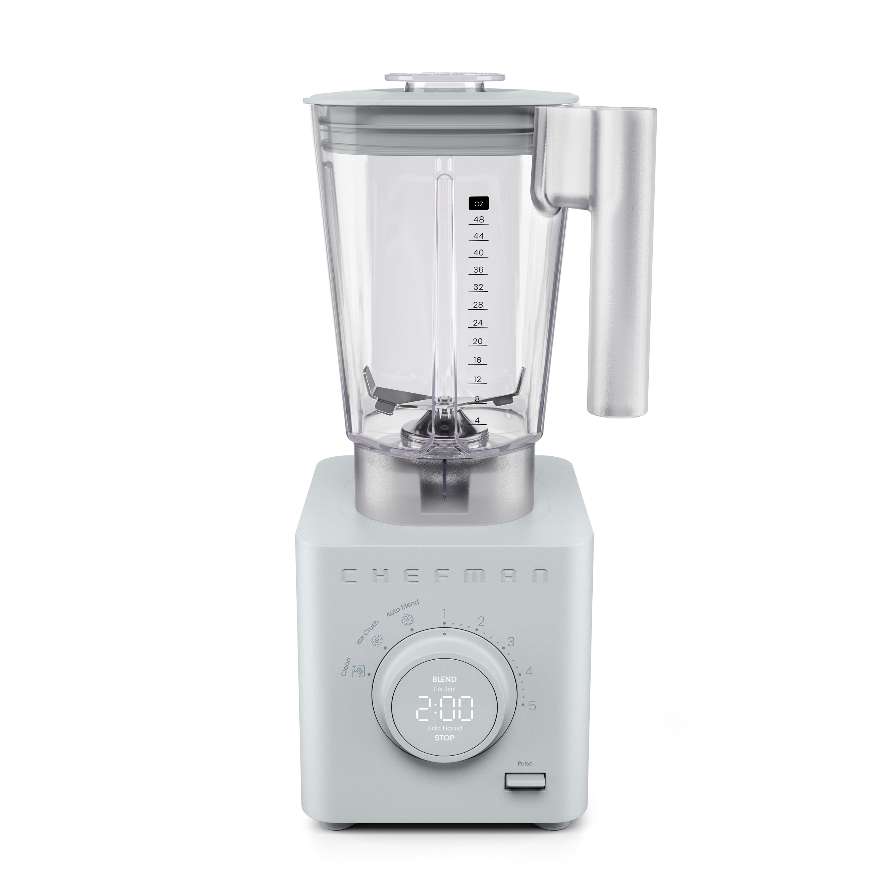 The image features a white blender with a clear container and a timer on the front. The timer reads 2:00, indicating that the blender is set to blend for two minutes. The blender is designed by Chefman and is a versatile kitchen appliance that can be used for various tasks, such as blending, mixing, and pureeing.