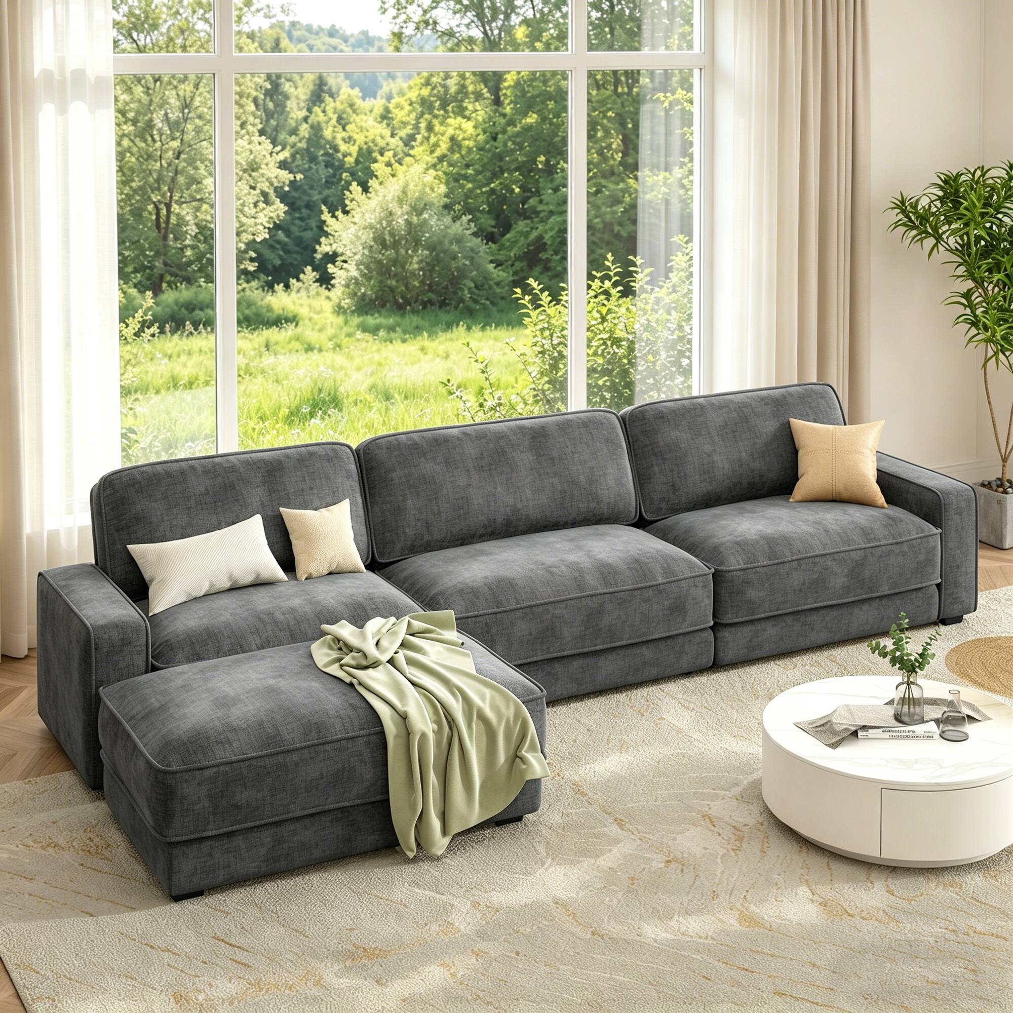 Dyonery - 119" L Shaped Couch Modular Sectional Sleeper Sofa, CHENILLE Fabric, , Tool-Free Assembly,Gray - Gray