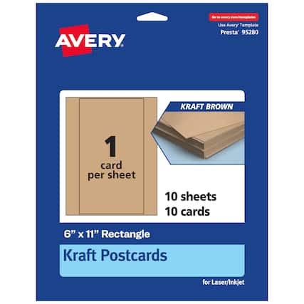 Go to avery.com/templates
AVERY
Use Avery Template Presta® 95280
KRAFT BROWN
1 card per sheet
10 sheets 10 cards
6" x 11" Rectangle Kraft Postcards for Laser/Inkjet