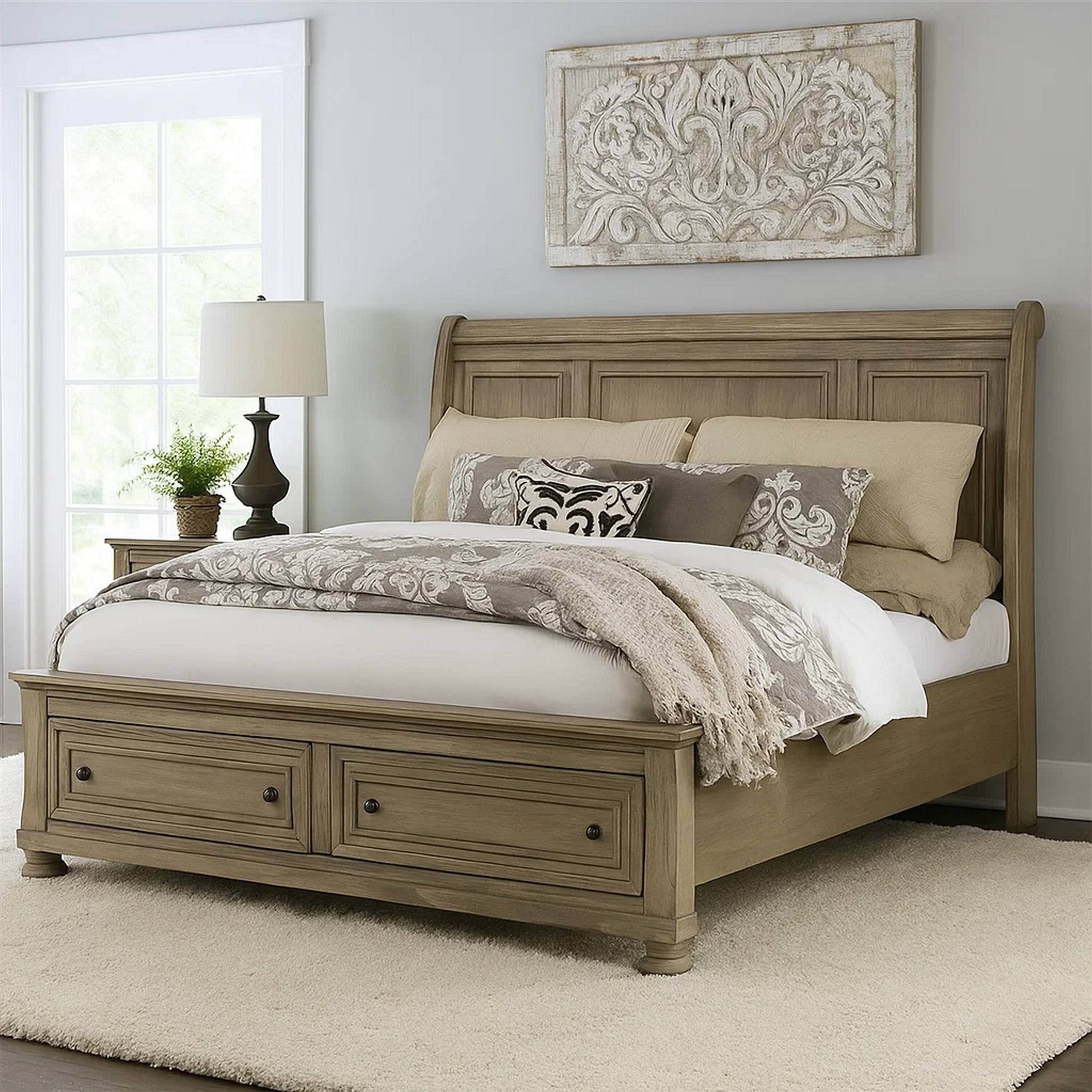 Alt View 6. Manhattan Lane - Ava Queen Bed with Footboard Storage and Bun Feet, Gray Solid Wood - Gray, Bronze.