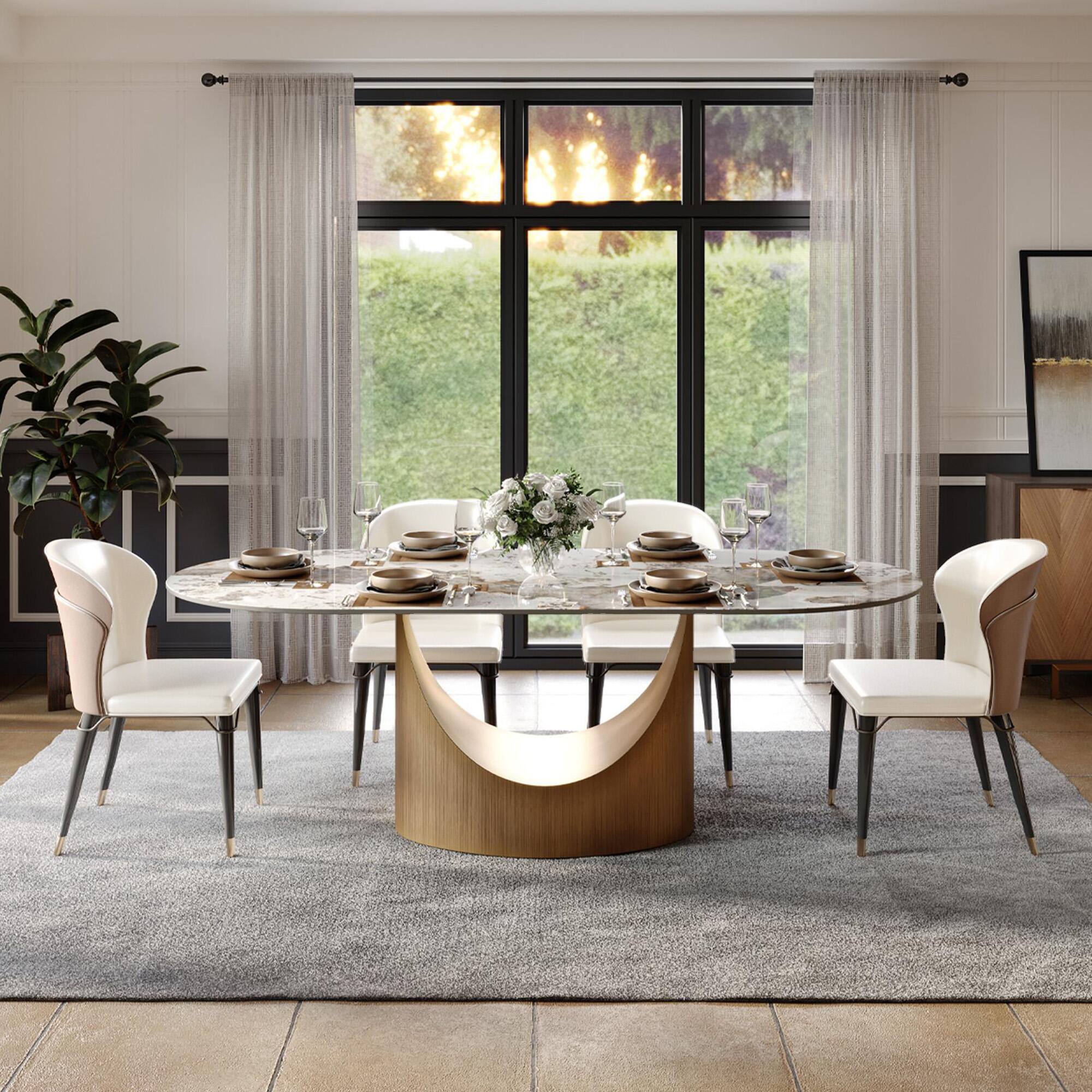 Angle. POVISON - 71"Hobart Modern Oval Dining Table for 6, White Oval Glossy Sintered Stone Kitchen Table, Bronze Carbon Steel Base - White.