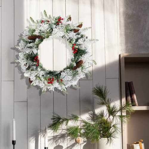 Alt View 5. Winado - 2 PCS 18in Pre-lit Snow Flocked Christmas Wreath with Lights for Holiday In/Outdoor Decoration - Snowy Green.