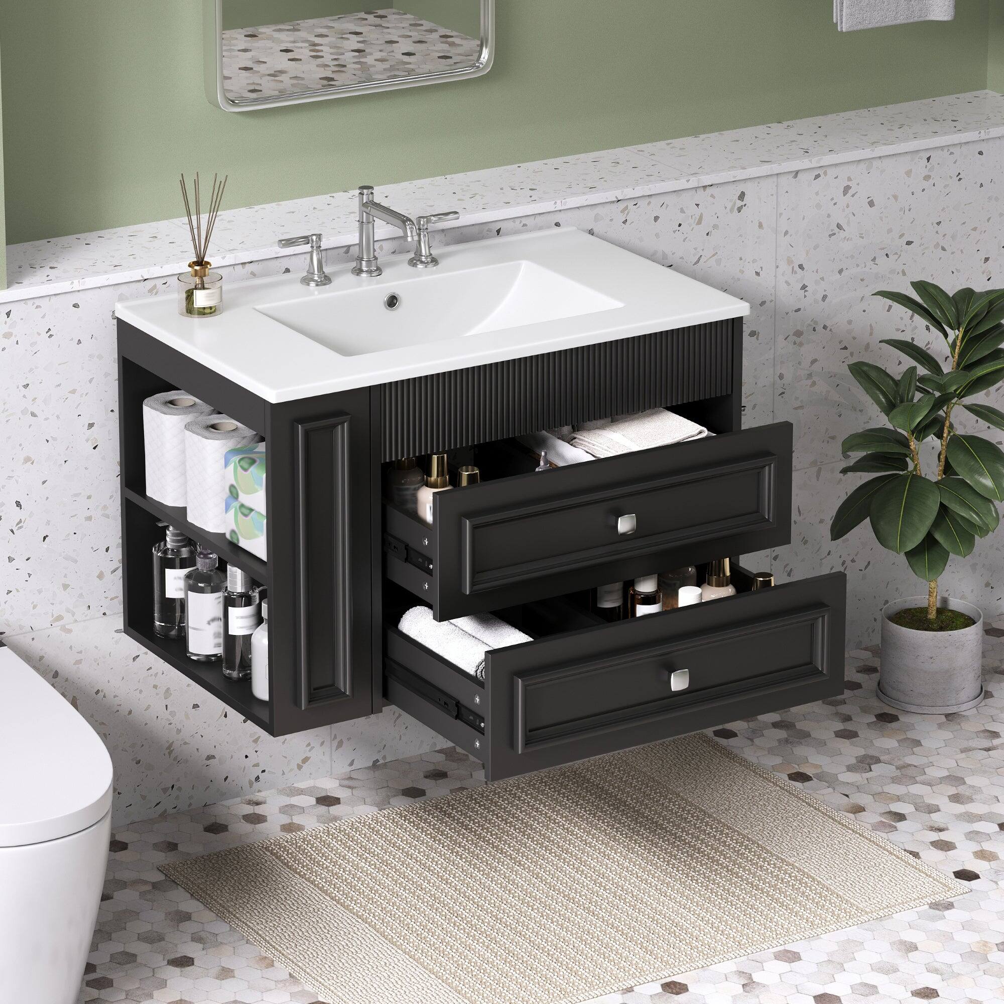 Alt View 2. Boyel Living - 30 Inch Wall Mounted Bathroom Vanity with Ceramic Sink and Two Drawers Black - Black.