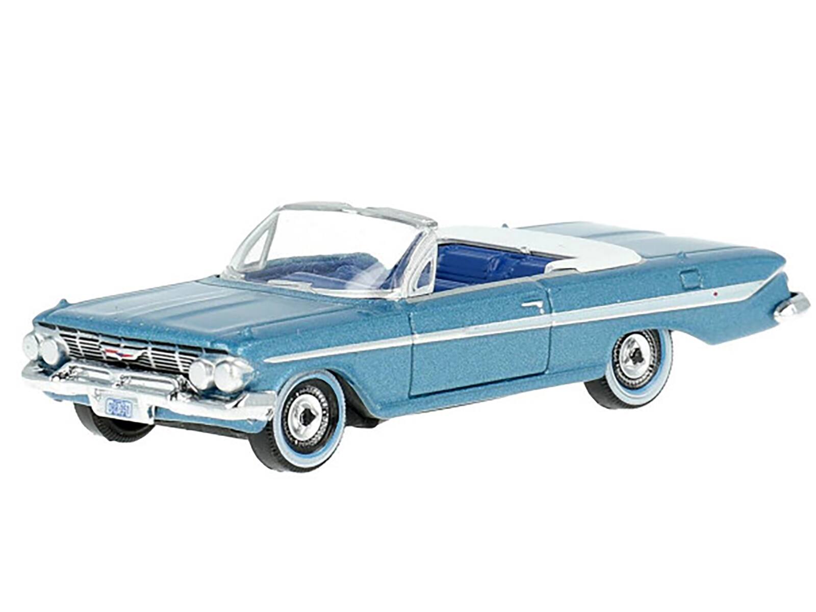 Alt View 4. Oxford Diecast - 1961 Chevrolet Impala Convertible Jewel Blue Met. & White w/Blue Interior 1/87 (HO) Scale Model Car by Oxford Diecast.
