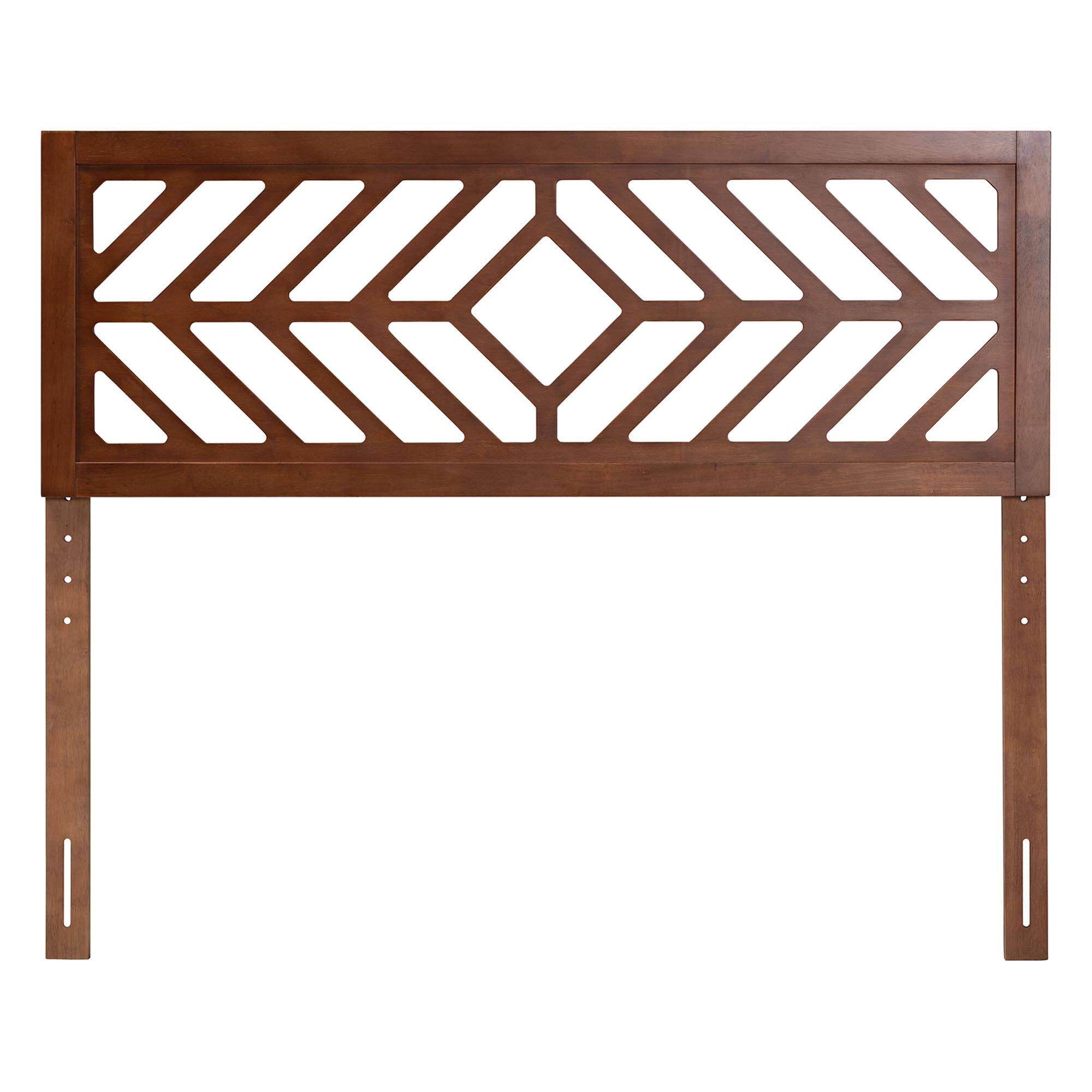 Angle. Baxton Studio - Olsen Wood Headboard with Geometric Cutout Design - Decorative Panel for Bed Frame, Adjustable Height, Queen - Walnut Brown.