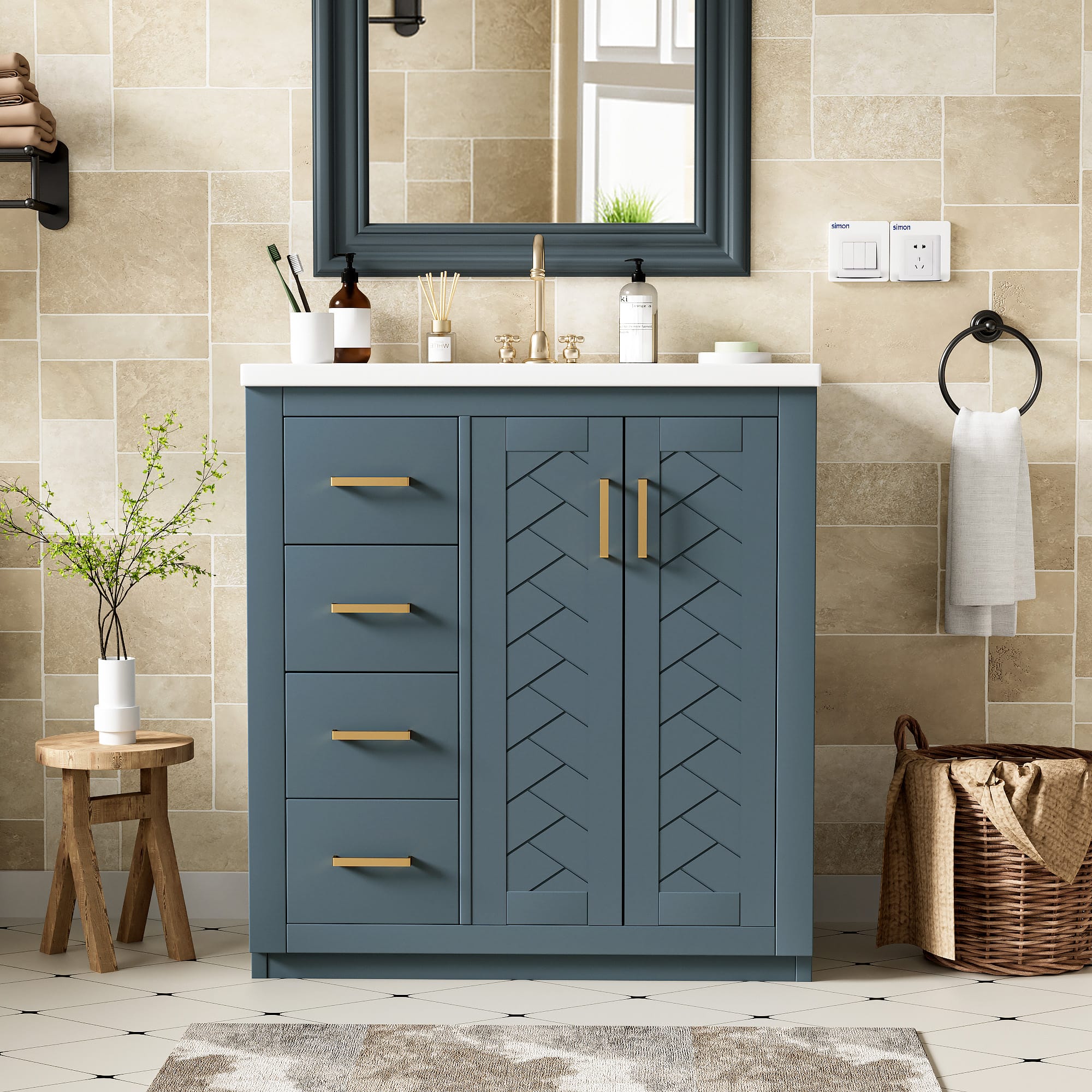 Tiramisubest - 30" Bathroom Vanity with Ceramic Sink Combo,Bathroom Storage Cabinet, Freestanding Vanity Set with 3 Drawers - Blue