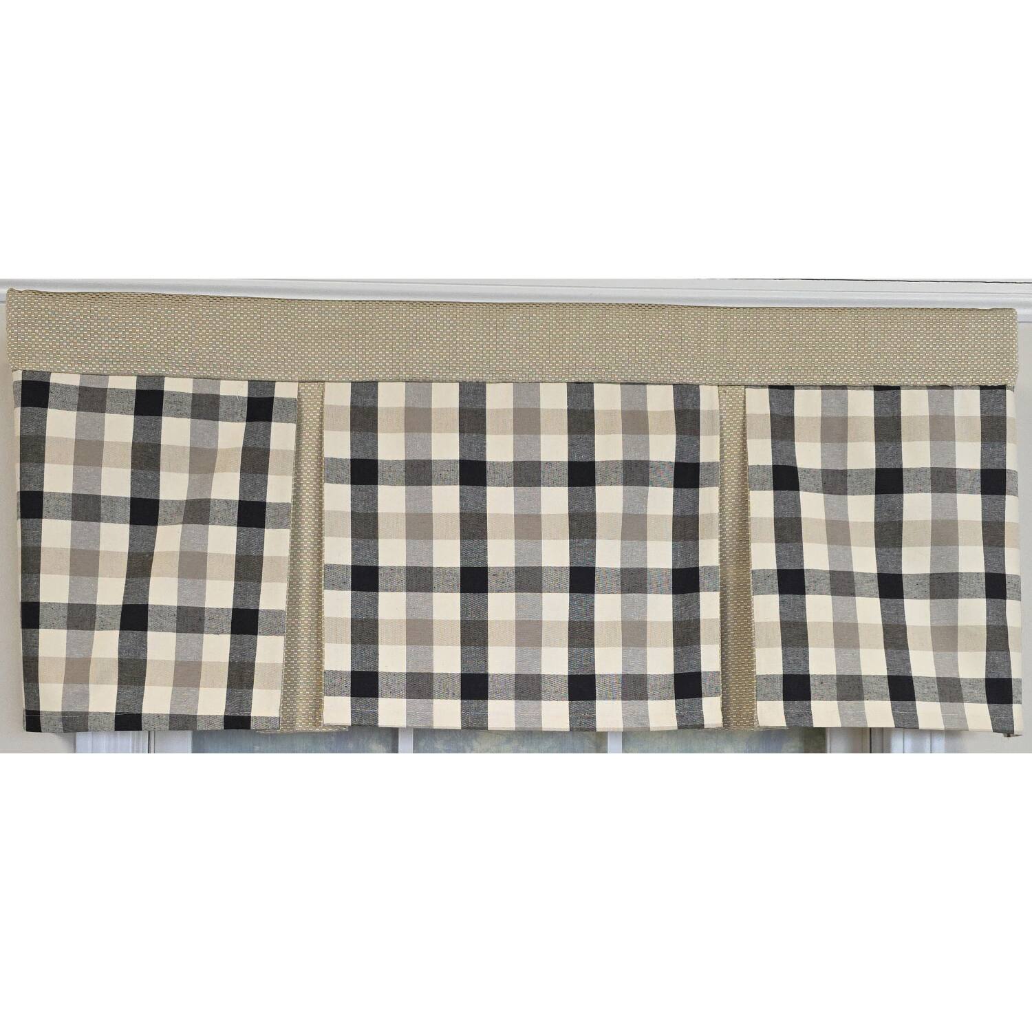 Left. RLF Home - RLF Home 100% Cotton Bison Check Pleated  Unlined Windows Rod Pocket Valance 50" x 17"  Black - Black.