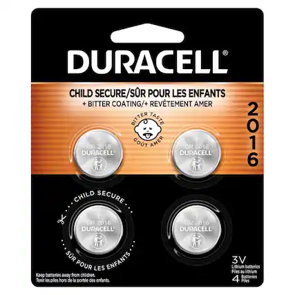 DURACELL
CHILD SECURE/SUR POUR LES ENFANTS
+ BITTER COATING/+ REVÊTEMENT AMER
BITTER TASTE/GOÛT AMER
CR 2016
3V Lithium batteries
Piles au lithium
Keep batteries away from children.
Tenir les piles hors de la portée des enfants.
2016
4 Piles