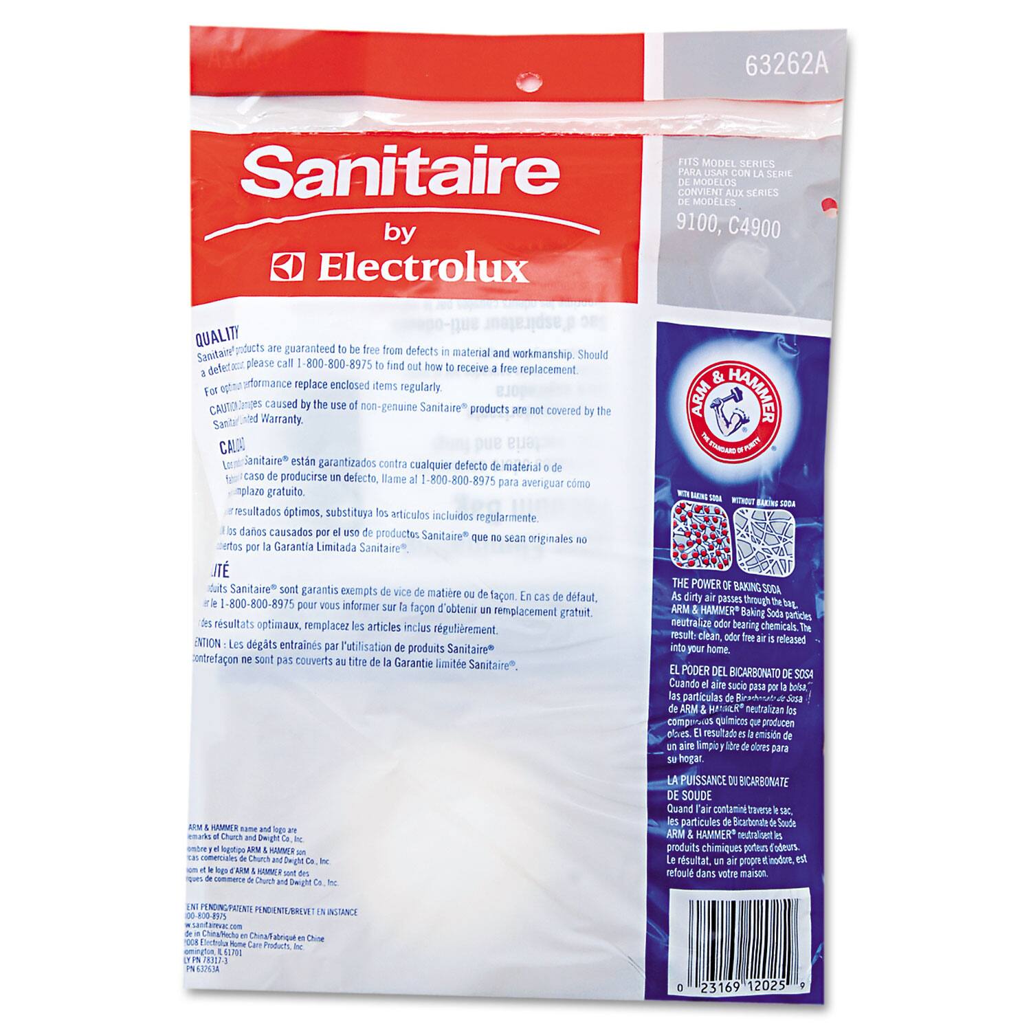 63262A  
Sanitaire by Electrolux  

MODEL SERIES  
9100, C4900  

QUALITY  
Products are guaranteed to be free from defects in material and workmanship. Should a defect occur, please call 1-800-800-8975 to find out how to receive a free performance replacement.  

CAUTION:  
Changes caused by the use of non-genuine Sanitaire® products are not covered by the Limited Warranty.  

Sanitaire® está garantizado contra cualquier defecto de material y de fabricación. En caso de producirse un defecto, llame 1-800-800-8975 para averiguar cómo obtener un reemplazo gratuito.  

d'us Sanitaire® sont garantis exempts de vice de matière ou de fabrication. En cas de défaut, appelez 1-800-800-8975 pour savoir comment obtenir un remplacement gratuit.  

Les produits Sanitaire® sont garantis exempts de vice de matière ou de fabrication. En cas de défaut, appelez 1-800-800-8975