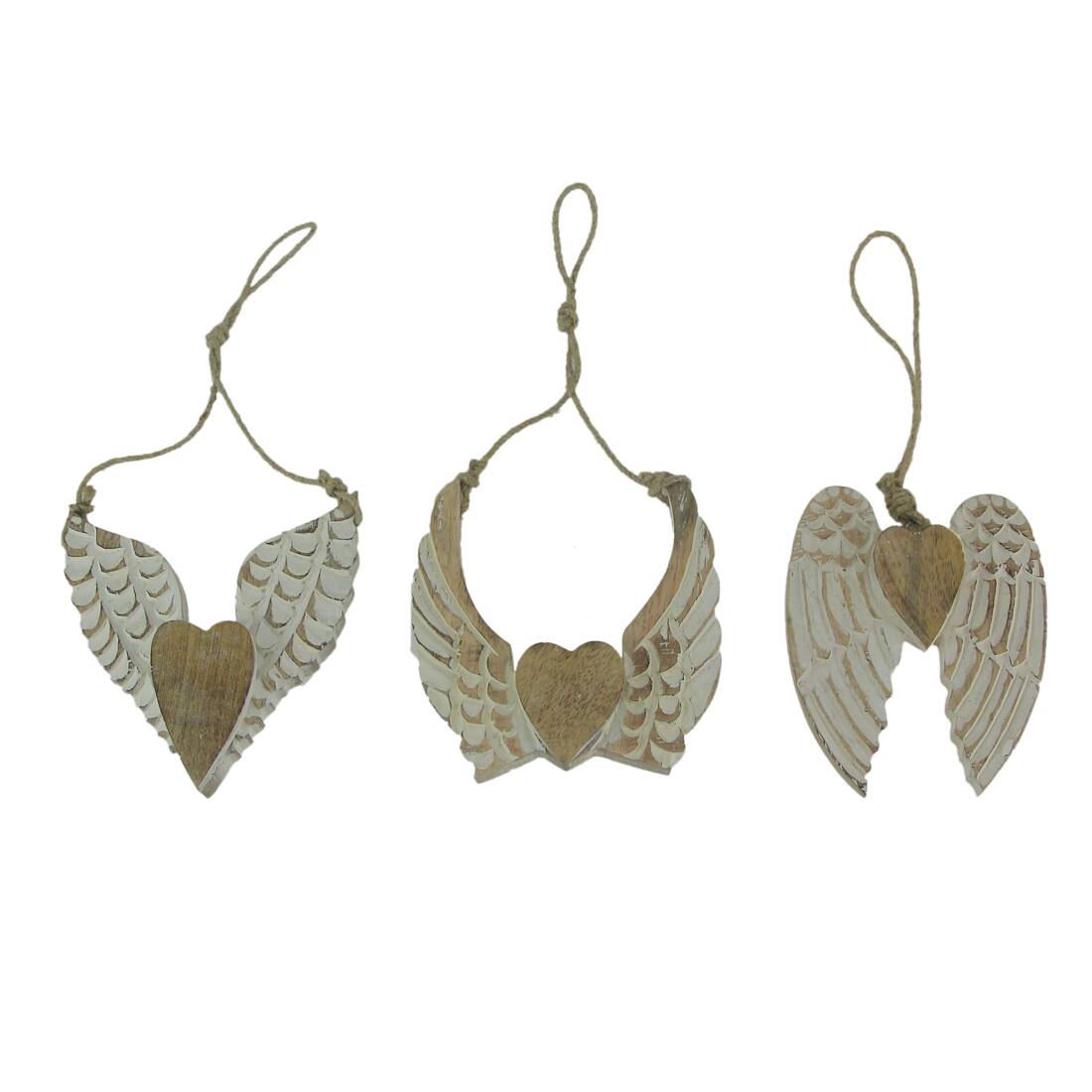 Front. The Gerson Companies - Set of 3 Wood Angel Wings Heart Sculptures Rustic Twine Hanging Wall Decor Art - Brown.