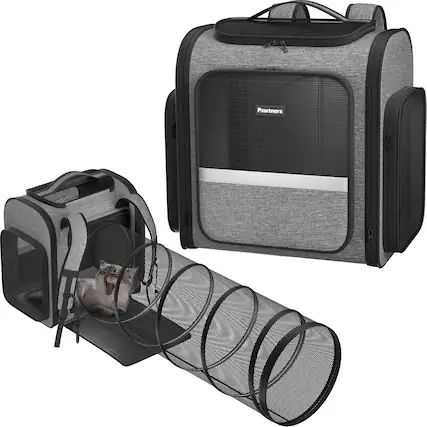 Front. Pawtners - Cat Carrier Backpack with Tunnel, Mesh & Linen, for Cats & Small Dogs, Travel Bag for Hiking & Camping.