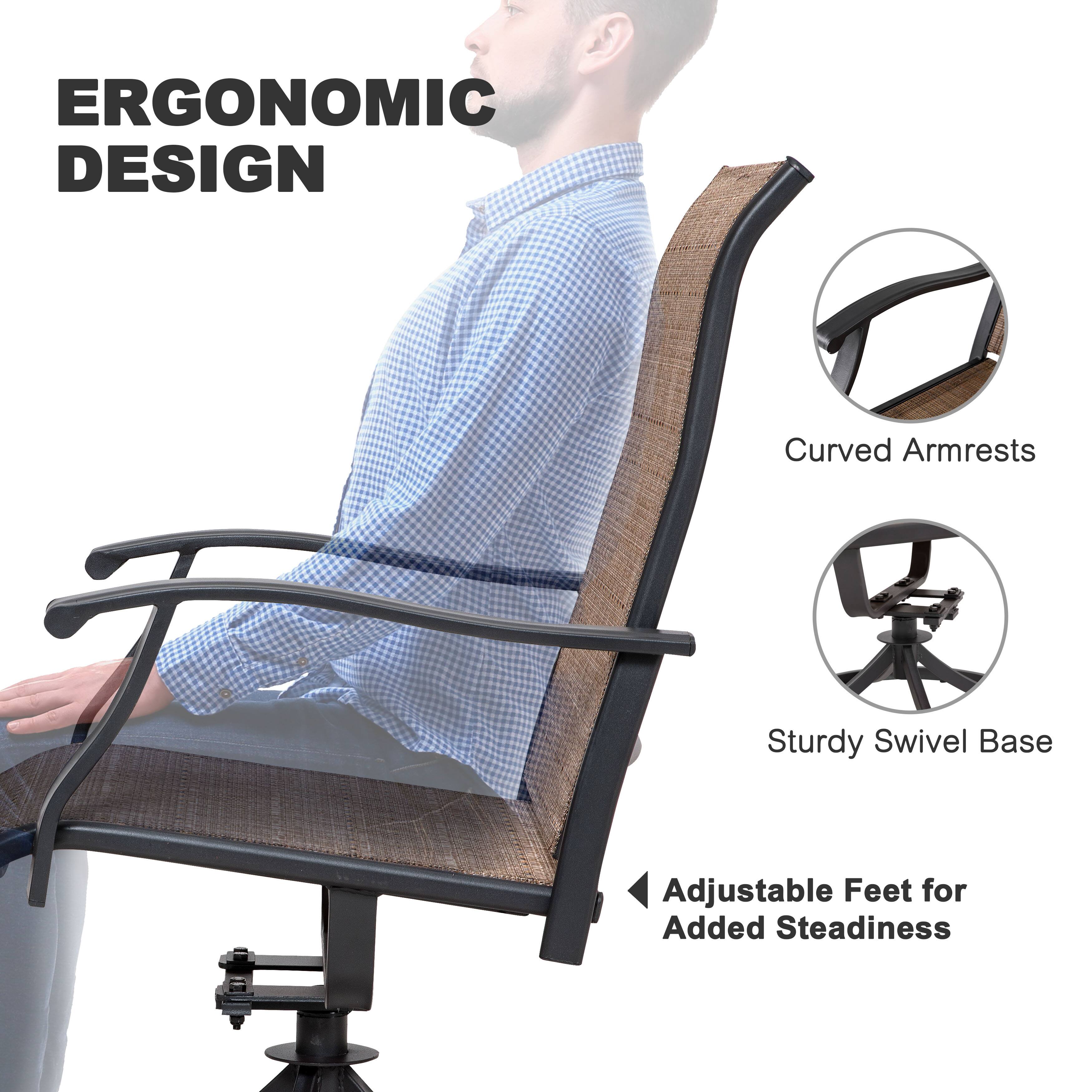 ERGONOMIC DESIGN

- Curved Armrests
- Sturdy Swivel Base
- Adjustable Feet for Added Steadiness