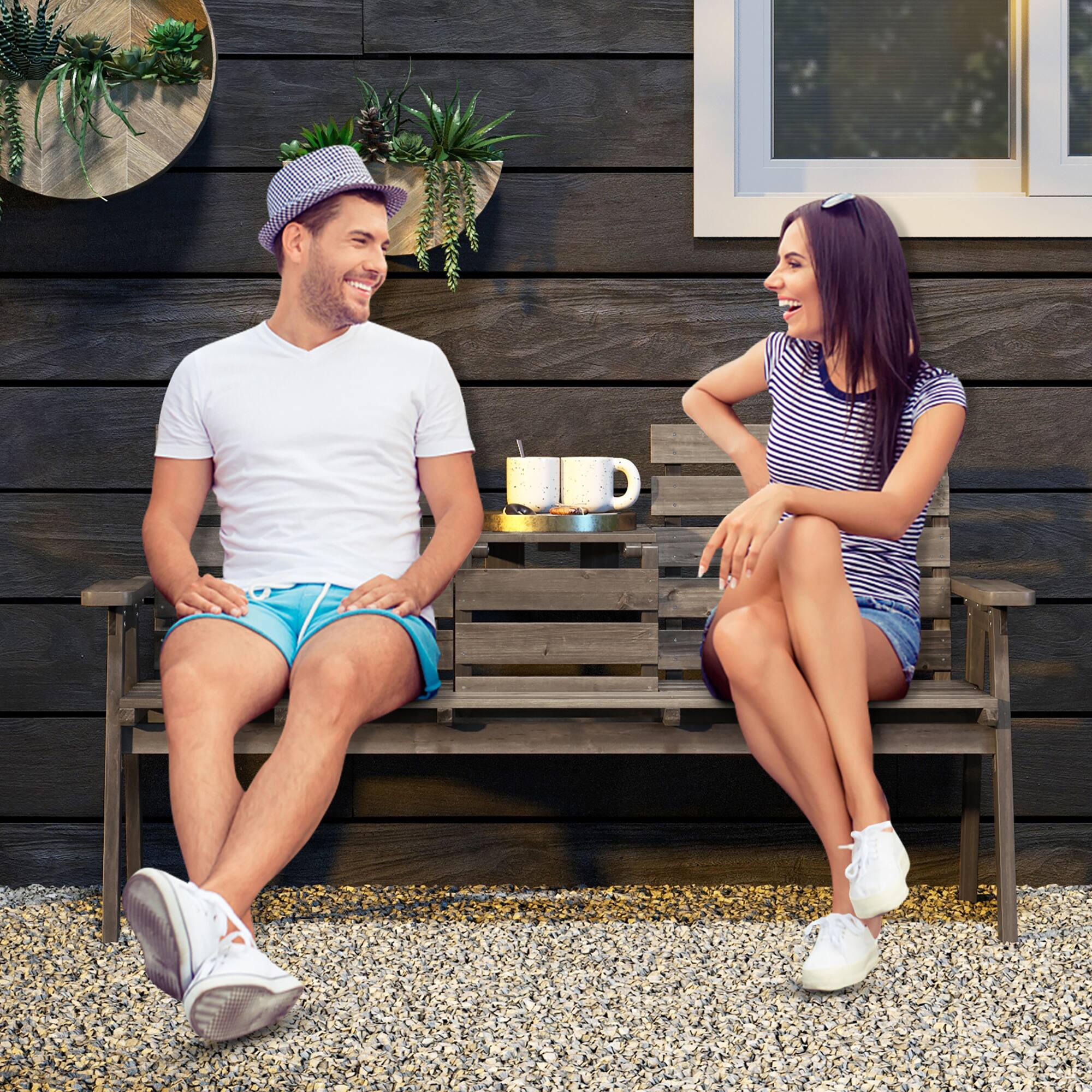 Alt View 1. Gymax - Gymax Outdoor Fir Wood Bench w/ Foldable Middle Table w/ Backrest & Armrests - Coffee.