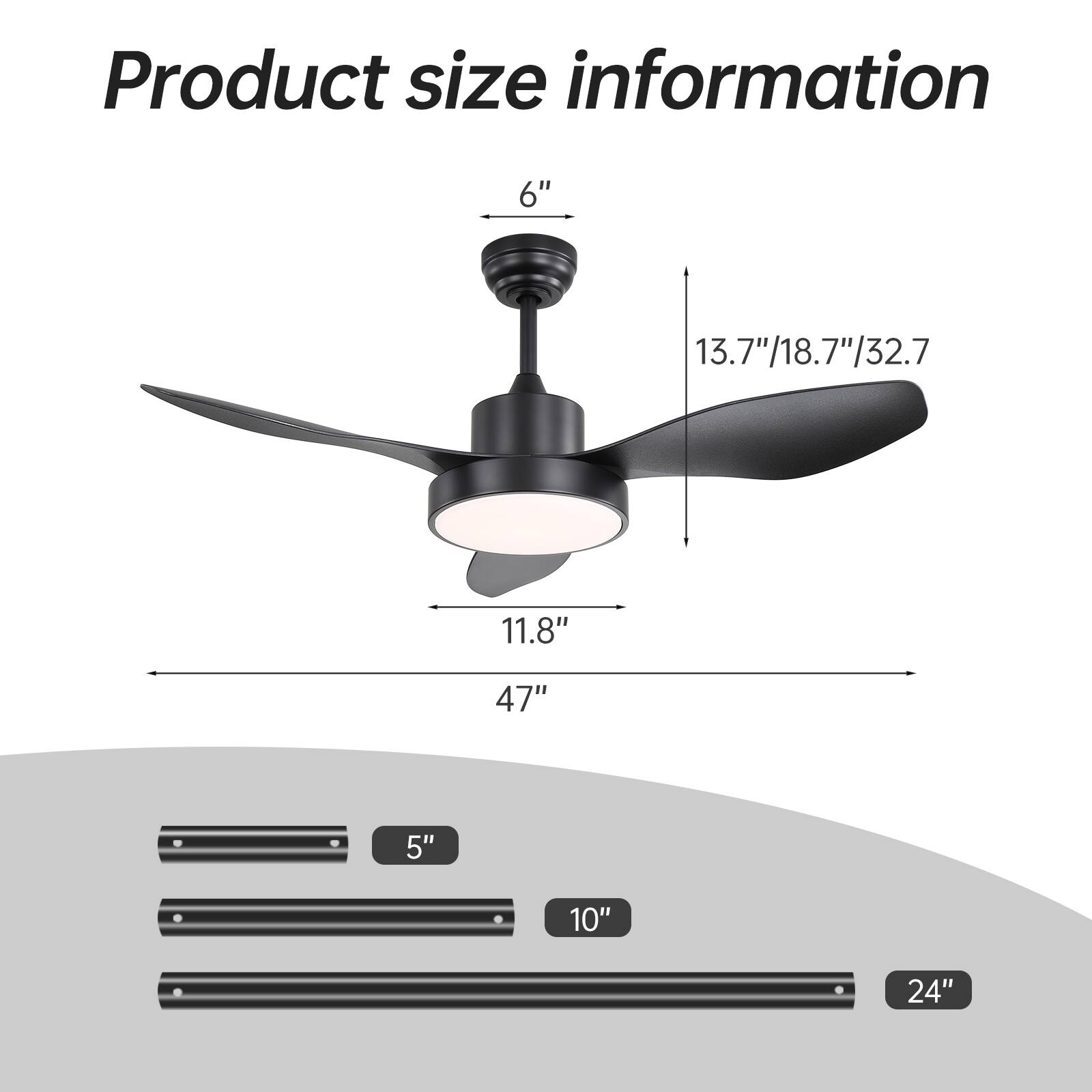 Product size information

- 6"
- 13.7"/18.7"/32.7
- 11.8"
- 47"
- 5"
- 10"
- 24"