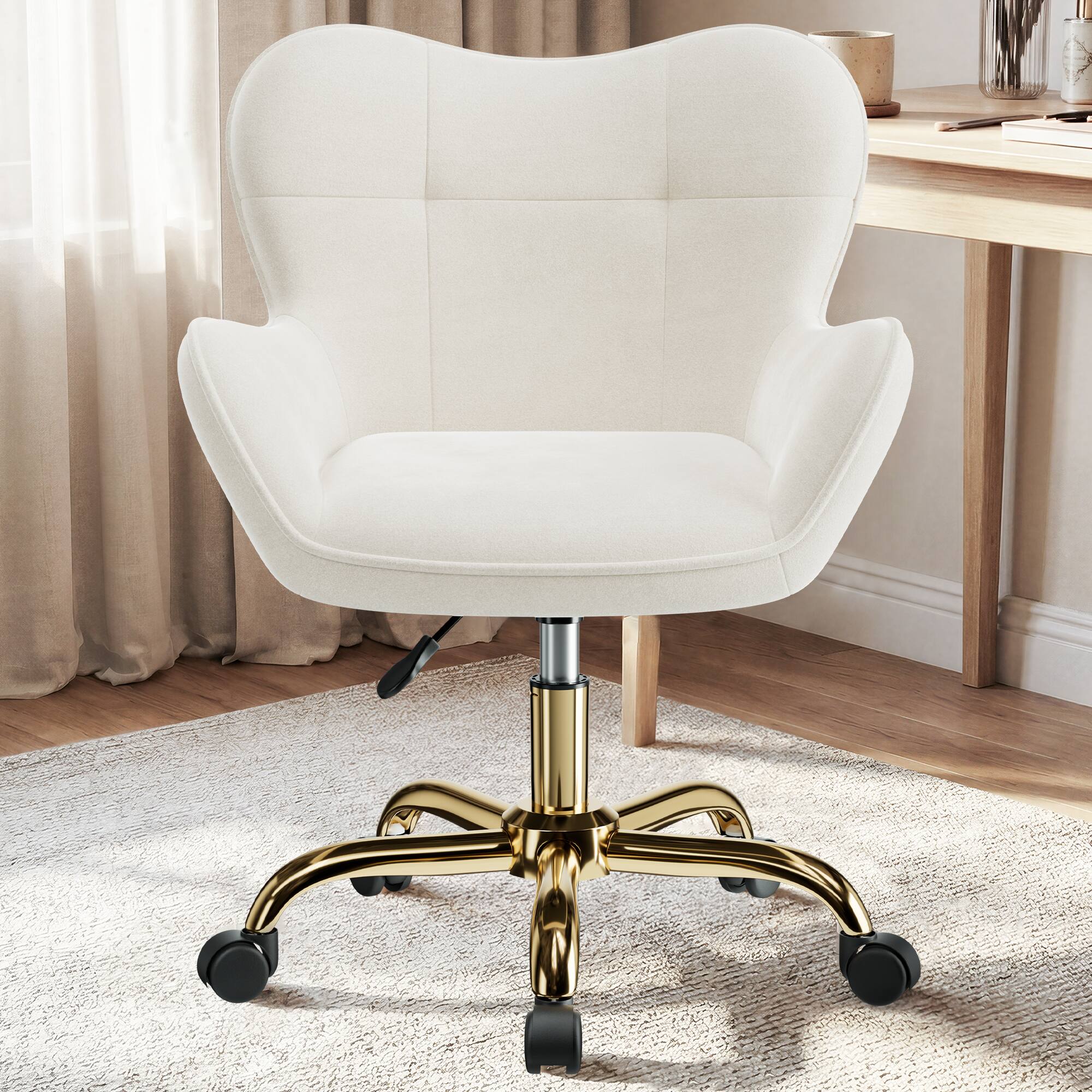 Alt View 4. KERDOM - Flower Vanity Chair with Back & Wheels, Swivel Dresser Chair Home Office Desk Chair for Girls, Fleece Cute Makeup Chair - Beige.