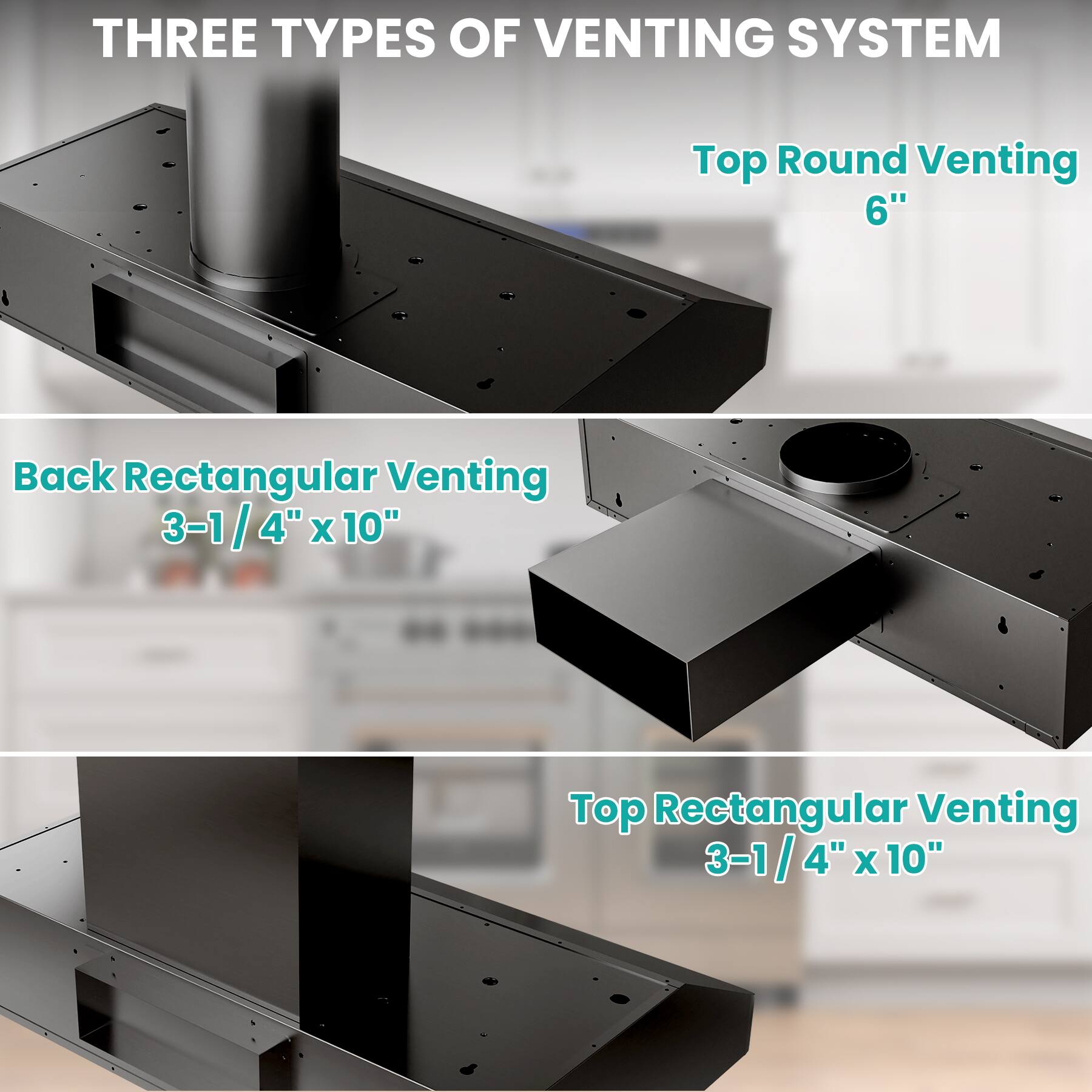 THREE TYPES OF VENTING SYSTEM

Top Round Venting 6"

Back Rectangular Venting 3-1/4" x 10"

Top Rectangular Venting 3-1/4" x 10"