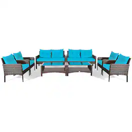 Costway - 8PCS Patio Rattan Sectional Furniture Set Loveseat Sofa Coffee Table W/ Cushion - Turquoise