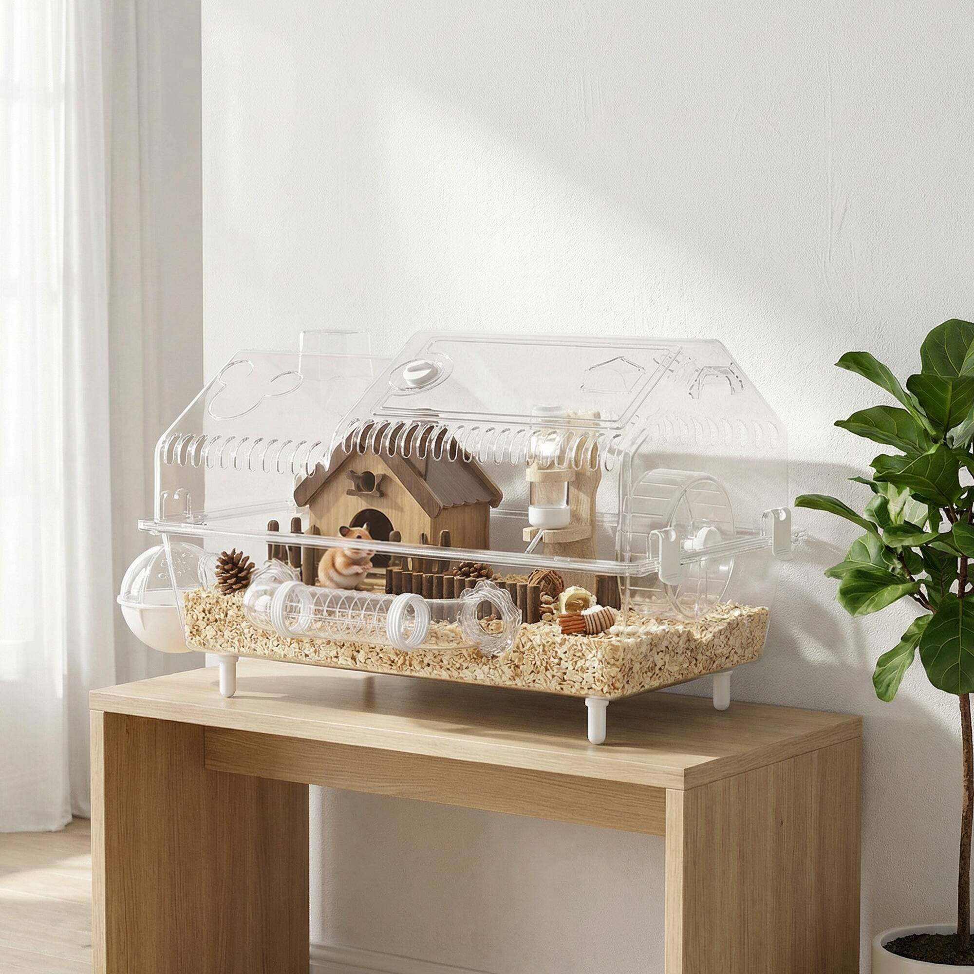 Alt View 1. Pawhut - Cage with Large Wheel & Hideout, Small Animal Habitat with Accessories, Clear Pet House - Clear.