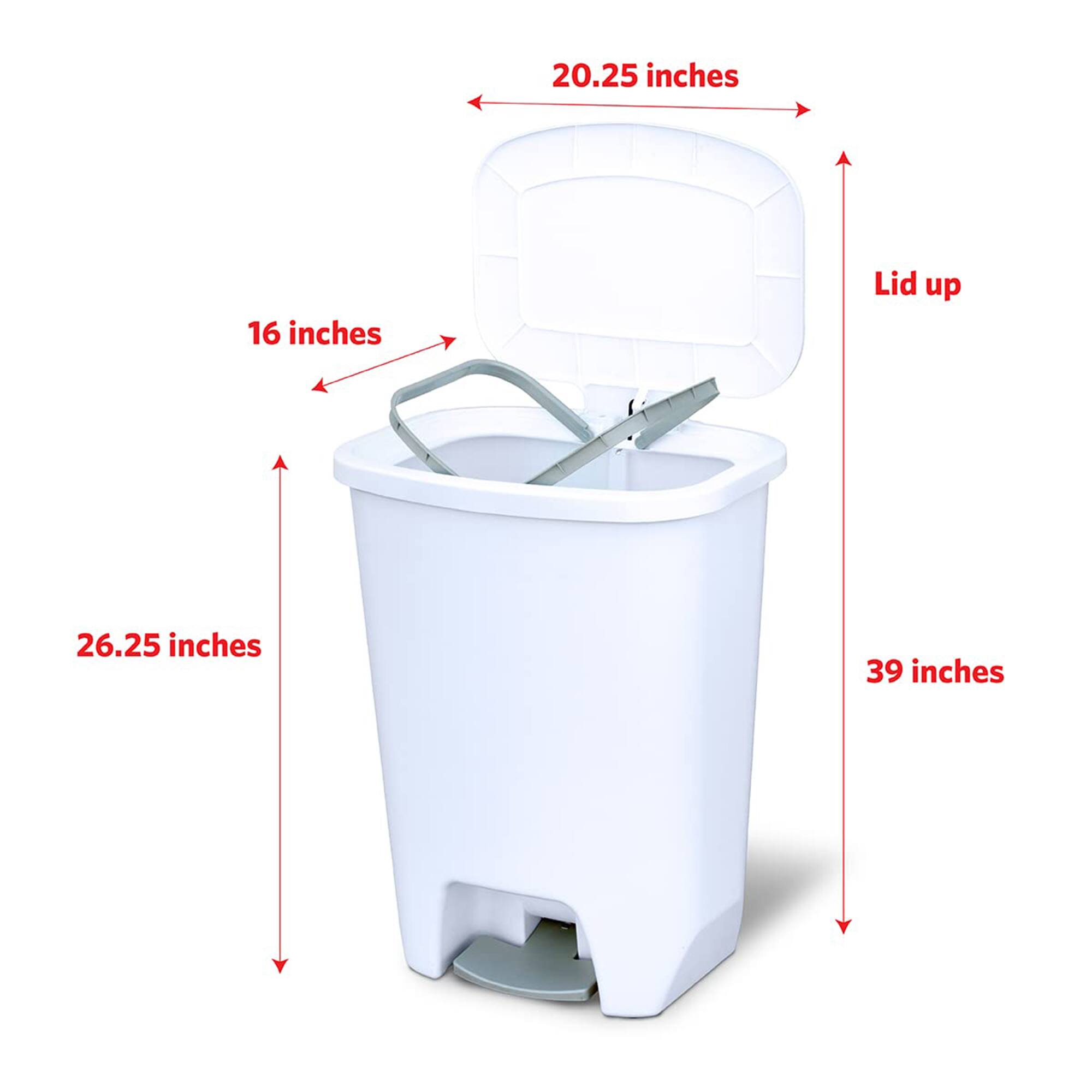 20.25 inches (width)  
16 inches (depth)  
26.25 inches (height)  
39 inches (height with lid up)