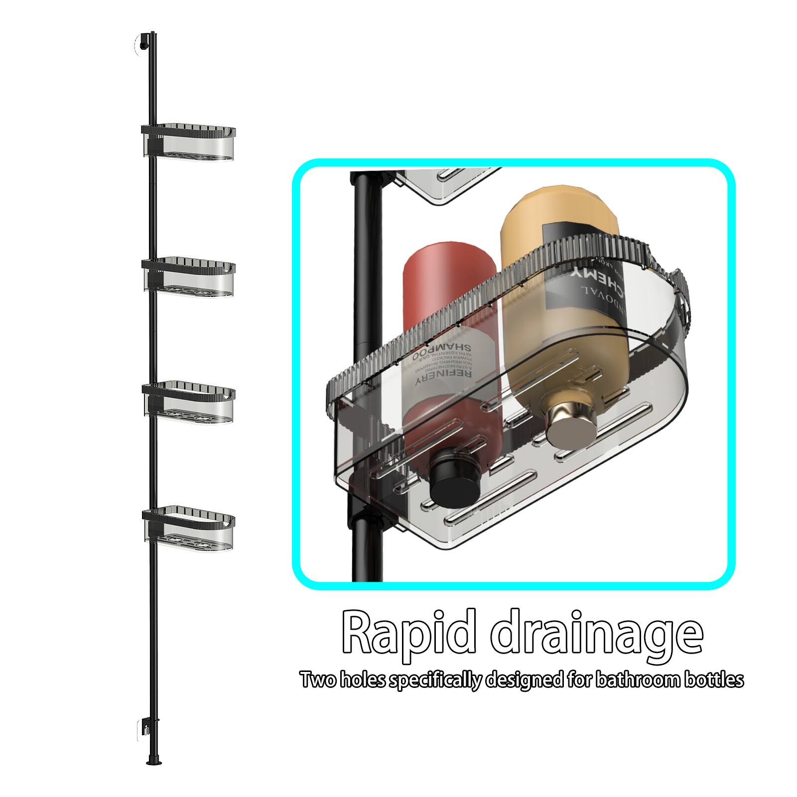 SHAMPOO CASHIGRATION DONINGHIONS REFINERY  
the CHEMY NDOVAL  
Rapid drainage  
Two holes specifically designed for bathroom bottles