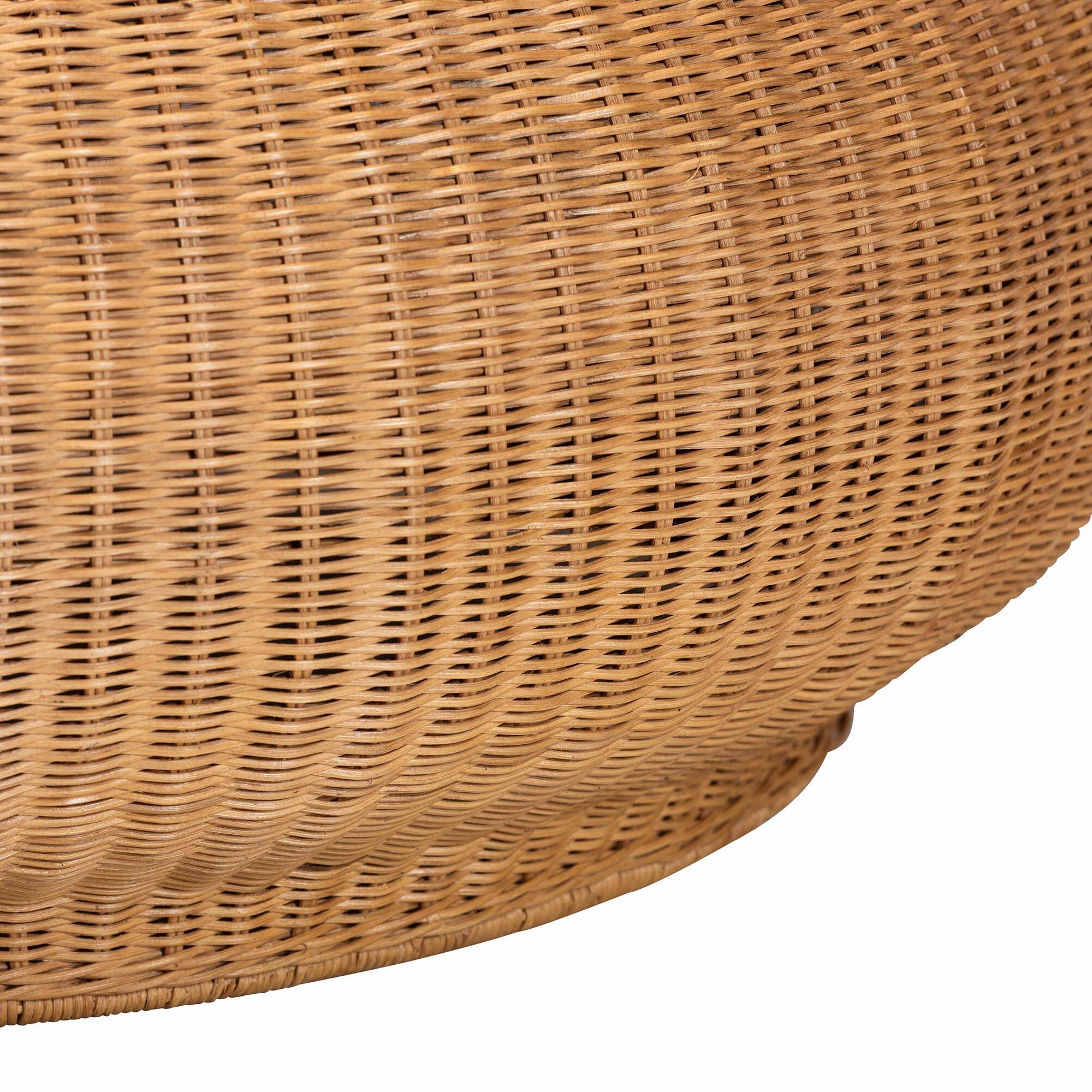 Left. bali & pari - Beatriz Natural Rattan Coffee Table : Handwoven Wicker Accent Table with Sculptural Drum Silhouette and Round Tabletop - Light Honey.