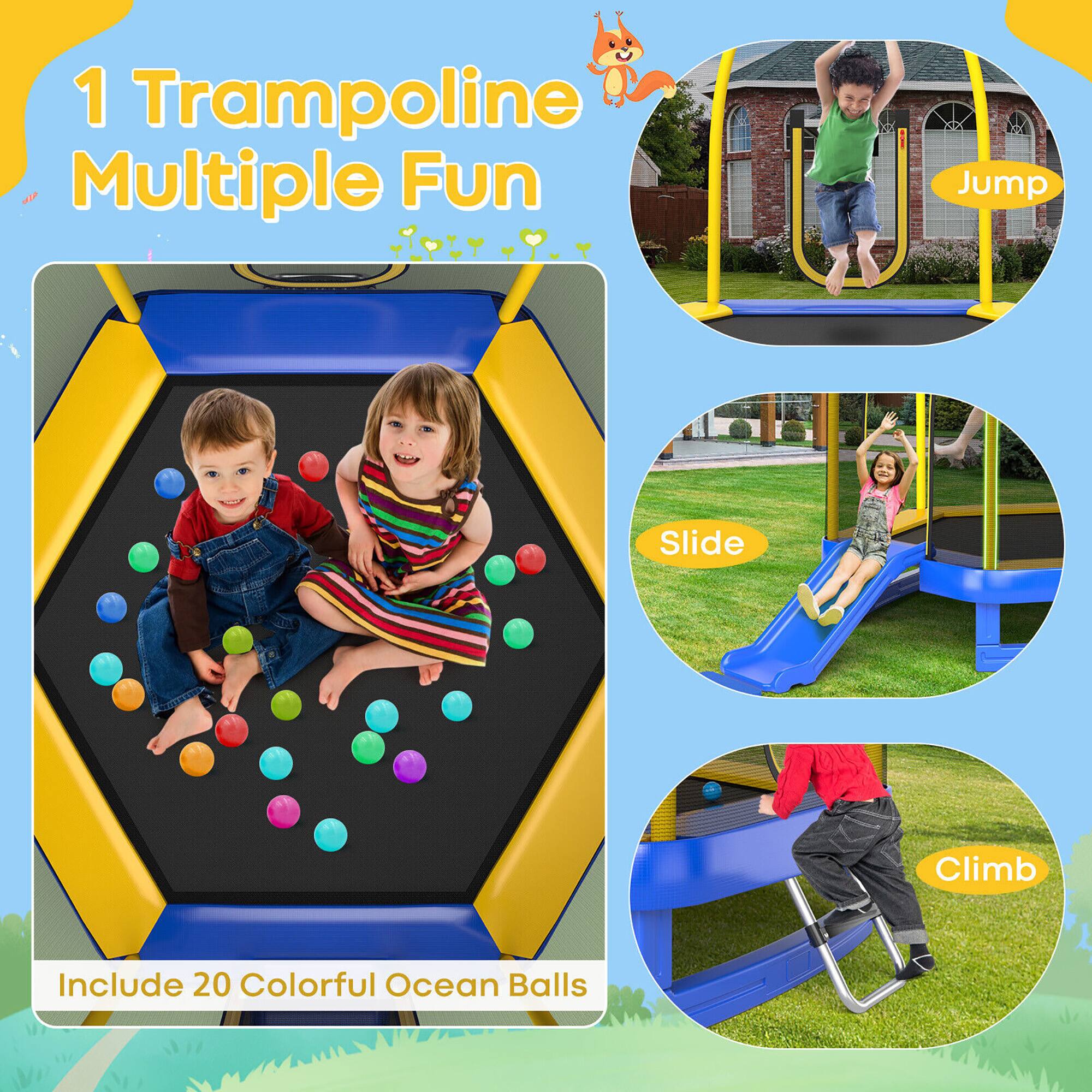 1 Trampoline Multiple Fun

Include 20 Colorful Ocean Balls

Jump

Slide

Climb